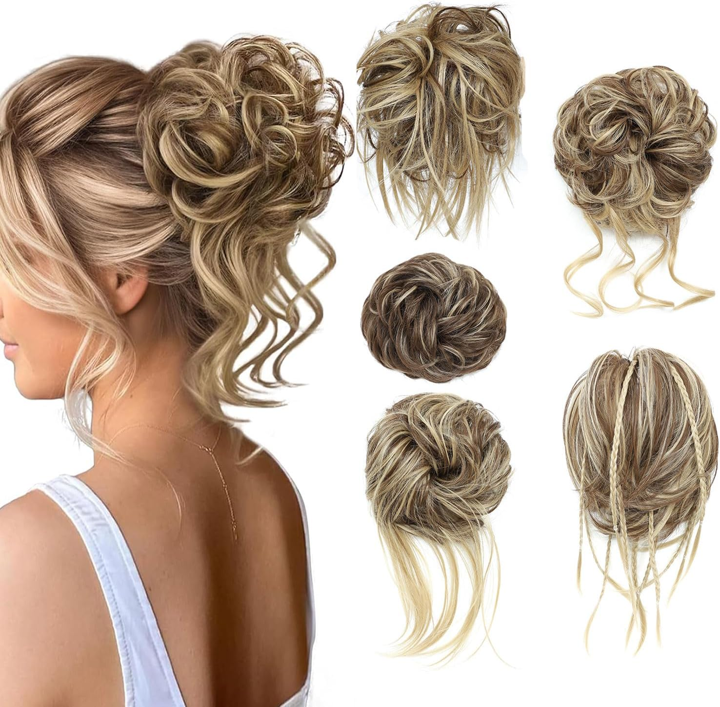 Fulang Hair Pack of 5 Hairpieces with Elastic Band, Large Bun Hairpiece, Wavy Natural Synthetic Hair Scrunchie, Women'S with Hair Updo Hair Extensions, Messy Bun Hairpieces (5 Pieces/Pack) (4/60)