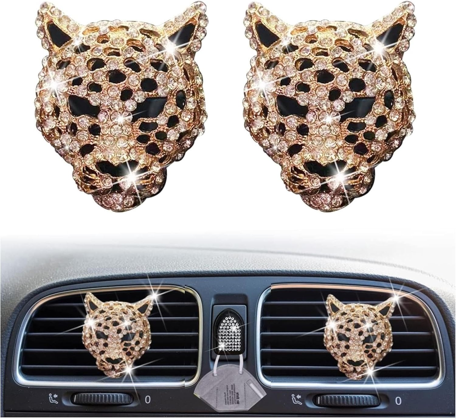2Pcs Golden Bling Leopard Air Vent Clips, Crystal Leopard Car Air Fresheners Vent Clips Car Diffuser Vent Clip Rhinestone Leopard Car Decoration Car Interior Decor Car Accessories，Interior Accessories image number 5