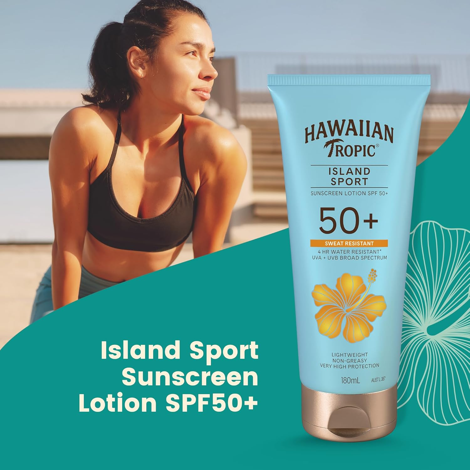 Hawaiian Tropic Island Sport Sunscreen Lotion SPF50+ 180Ml, Sweat-Resistant, 4-Hour Water Resistant, Non-Greasy
