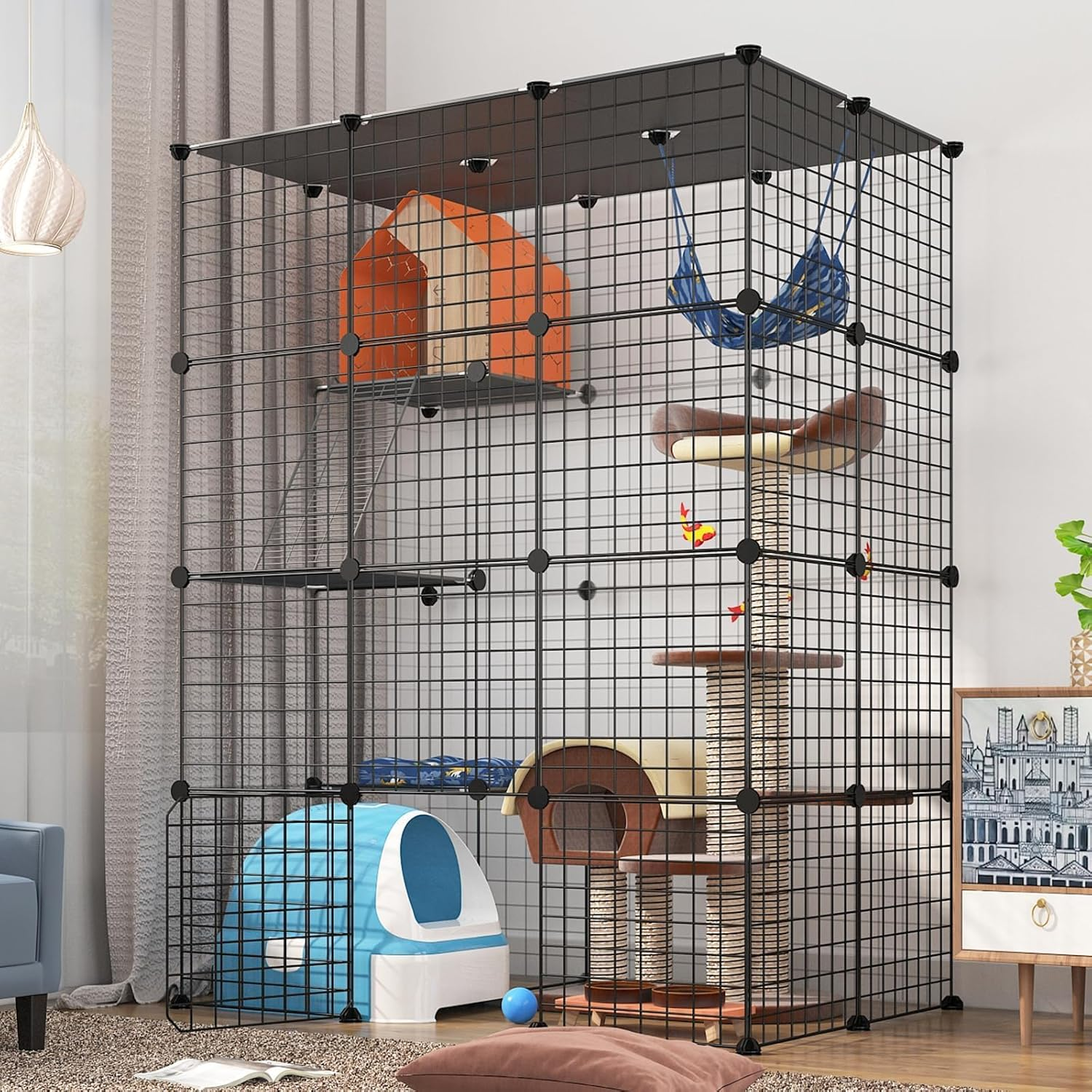 Enliansgo 4-Tier Cat Cage Enclosure, Large 111 * 75 * 146Cm Metal Wire House with Hammock, Cat Enclosures Detachable Metal Small Animal Cage Wire Fence Cage Indoor/Outdoor Cat Kennels for 1-3 Cats image number 6