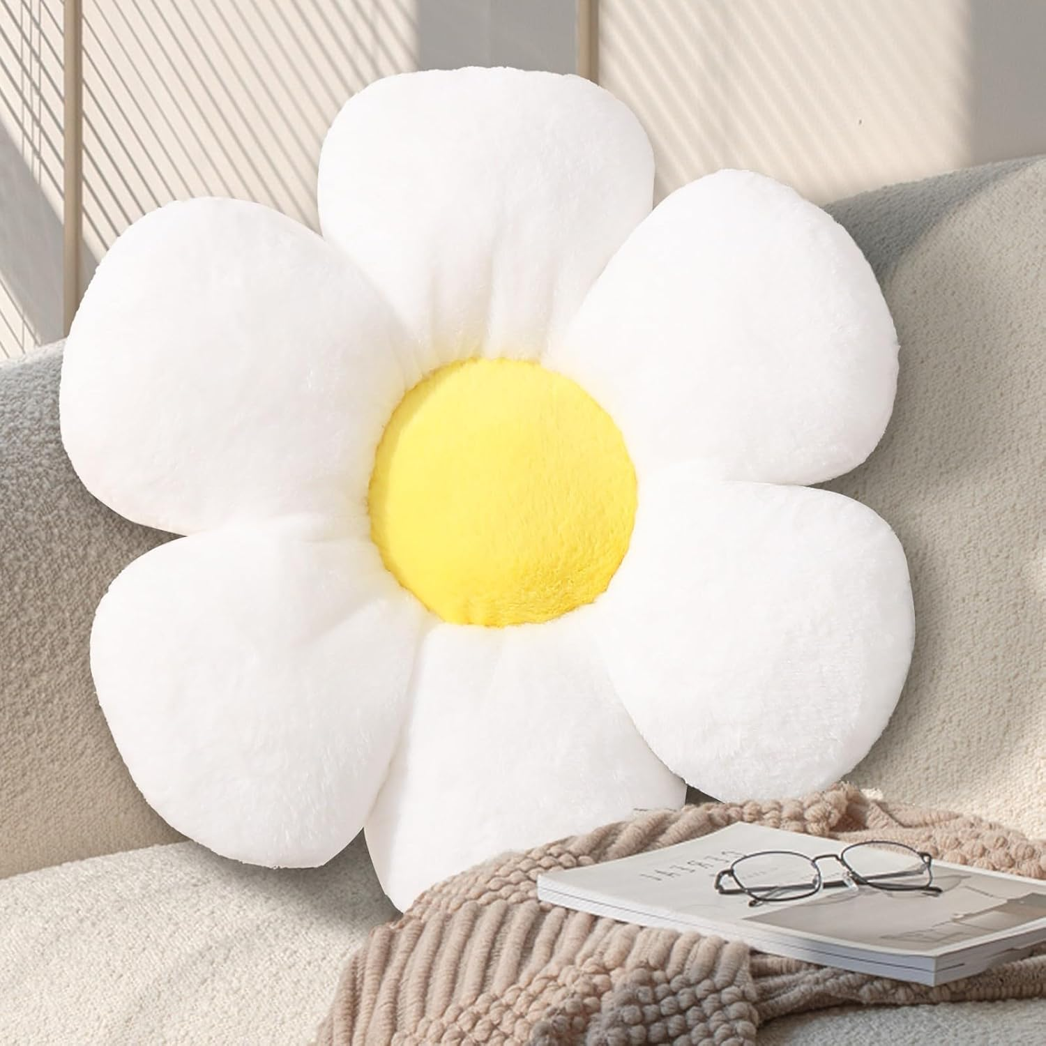 17.7 Inch White Flower Pillow &ndash; Daisy Shaped Cute Decorative Throw Pillow, Soft Floral Seating Cushion Floor Pillows for Sofa, Bed, Chair & Room Decor - Pink image number 3