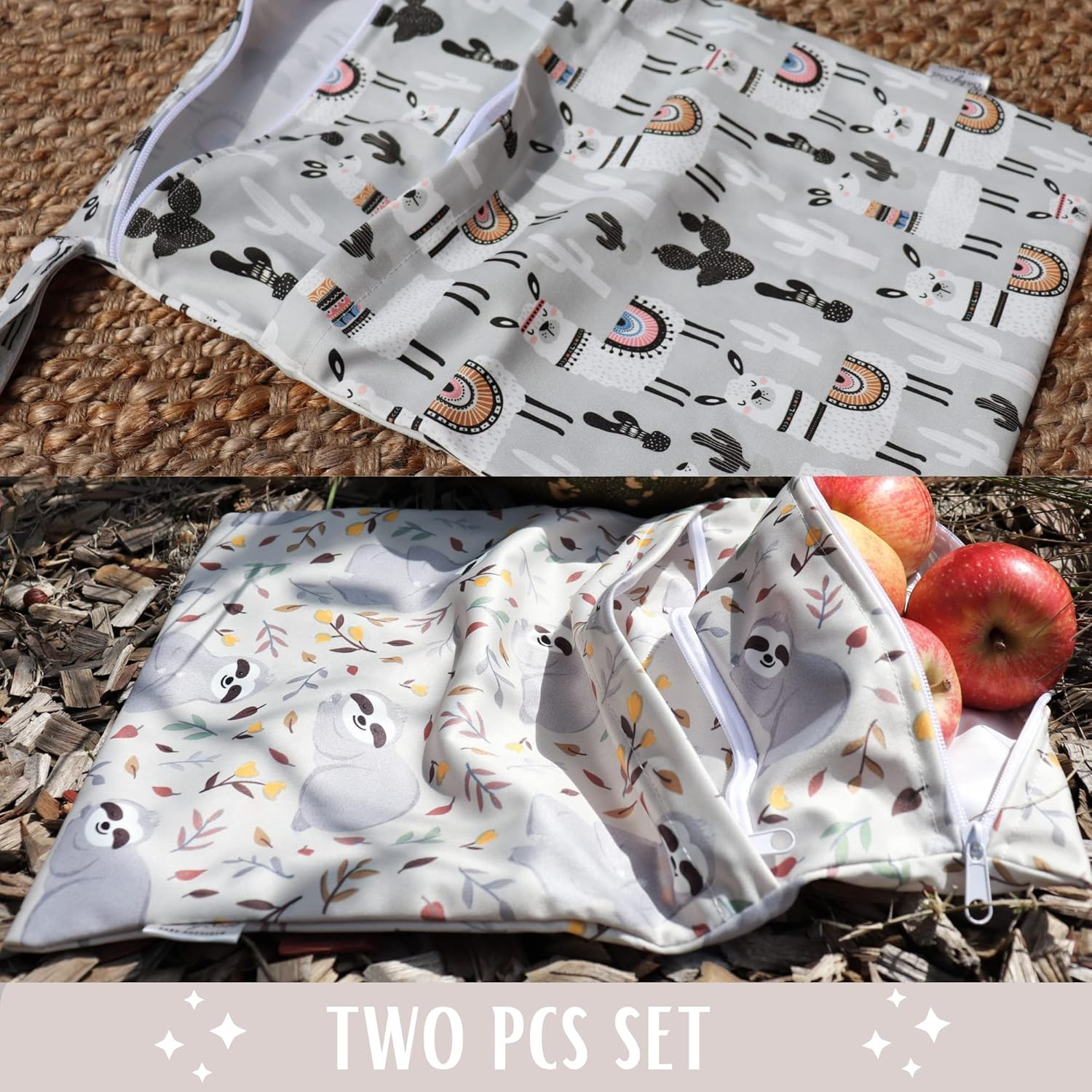 BABYBOET Cloth Diaper Wet Dry Bags 2PCS Waterproof Reusable with Double Zippered Pockets Travel Beach Pool Baby Items or Wet Clothes (Large, Alpaca & Sloth, 2PCS) image number 4