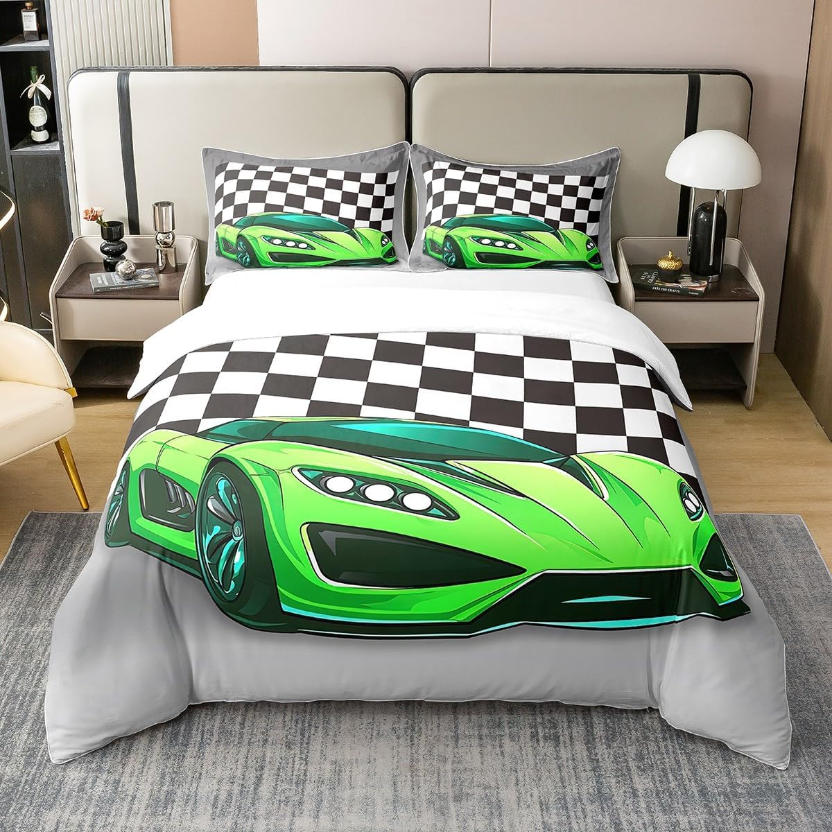 100% Cotton Boys Racing Car Comforter Cover 155 X 220, Extreme Sport Automobile Soft Breathable Duvet Cover, Racing Car Bed Linen, Black White Plaid Pattern Quilt Cover for Children, Boys, Teens