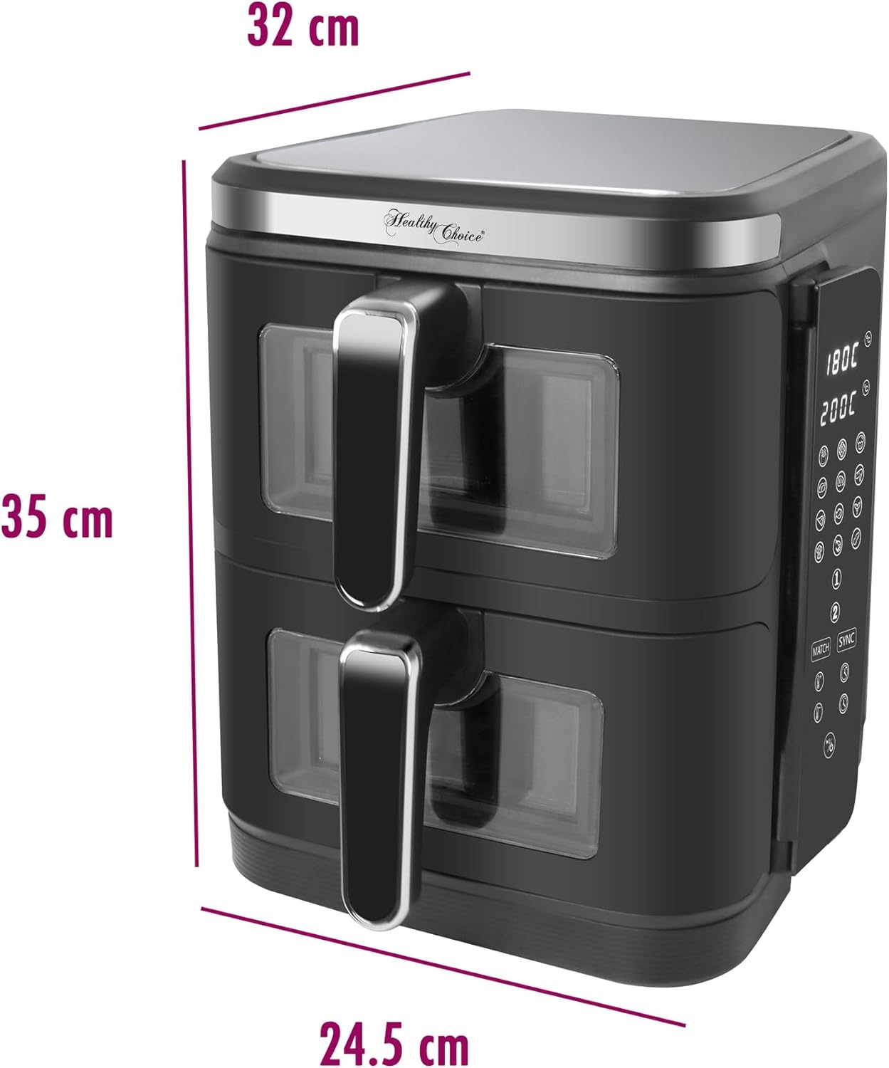 Healthy Choice 2400W 11L Double Decker Digital Dual Zone Air Fryer with 2 Cooking Zones, Foldable Screen, Space-Saving Design, 25Cm Wide for Efficient Cooking image number 4