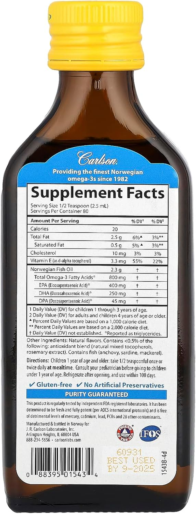Carlson Kid'S the Very Finest Fish Oil, Lemon, Norwegian, 800 Mg Omega-3S, 200 Ml