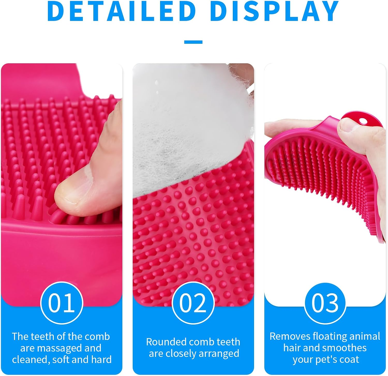 Dog Grooming Brush，Pet Shampoo Massage Bath Brush Comb with Adjustable Loop Handle for Grooming Short and Long Hair Cats and Dogs, 2Pcs(Tapered Brush Head, Blue+Yellow)