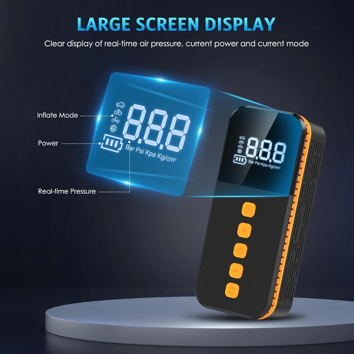 AMIR Portable Air Compressor, Powerful Cordless Tyre Inflator with 3 Nozzle Adaptors and LED Light, Tyre Pump with Pressure Gauge for Car, Motorbike, Bike and Ball image number 2