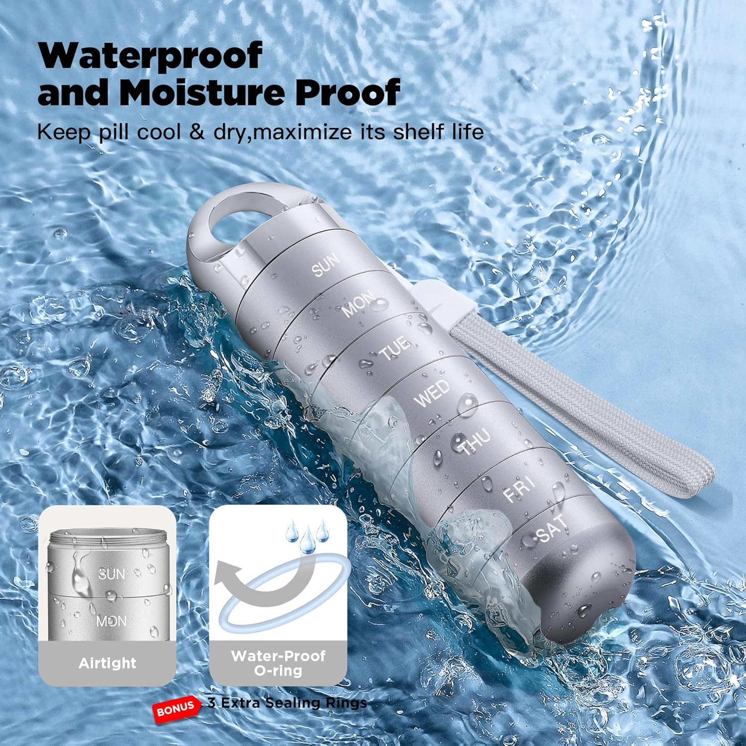 Zannaki Metal Travel Pill Organizer, Portable Waterproof Weekly Pill Box, Large Aluminum Alloy Pill Case Container, BPA Free 7 Day Daily Medicine Organizer Holder for Vitamin, Fish Oil, Supplement image number 4