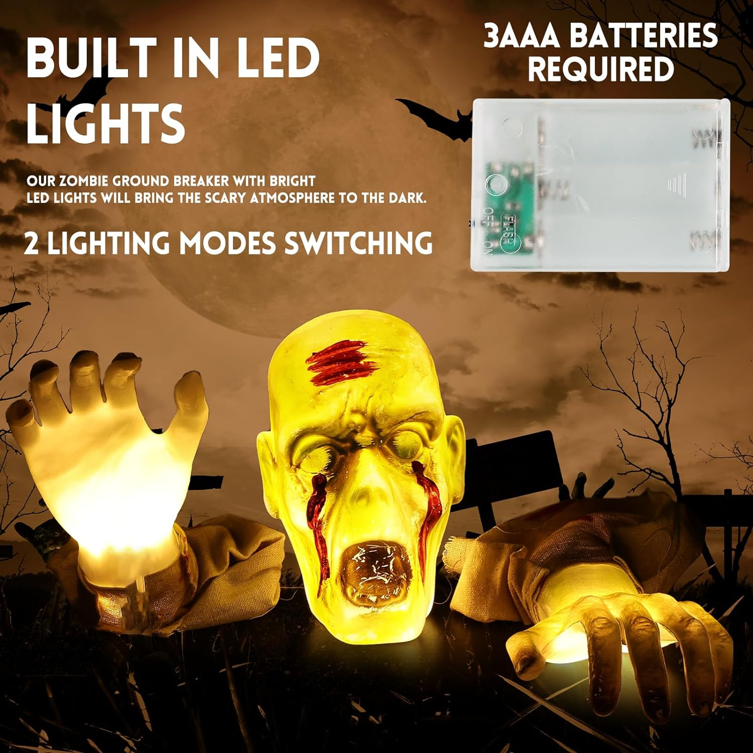 Halloween Decorations Outdoor Lighted Zombie Groundbreaker, Scary Zombie Halloween Decorations, Realistic Skeleton Arms Stake & Face for Garden Haunted House Graveyard Creepy Halloween Party Decor image number 1