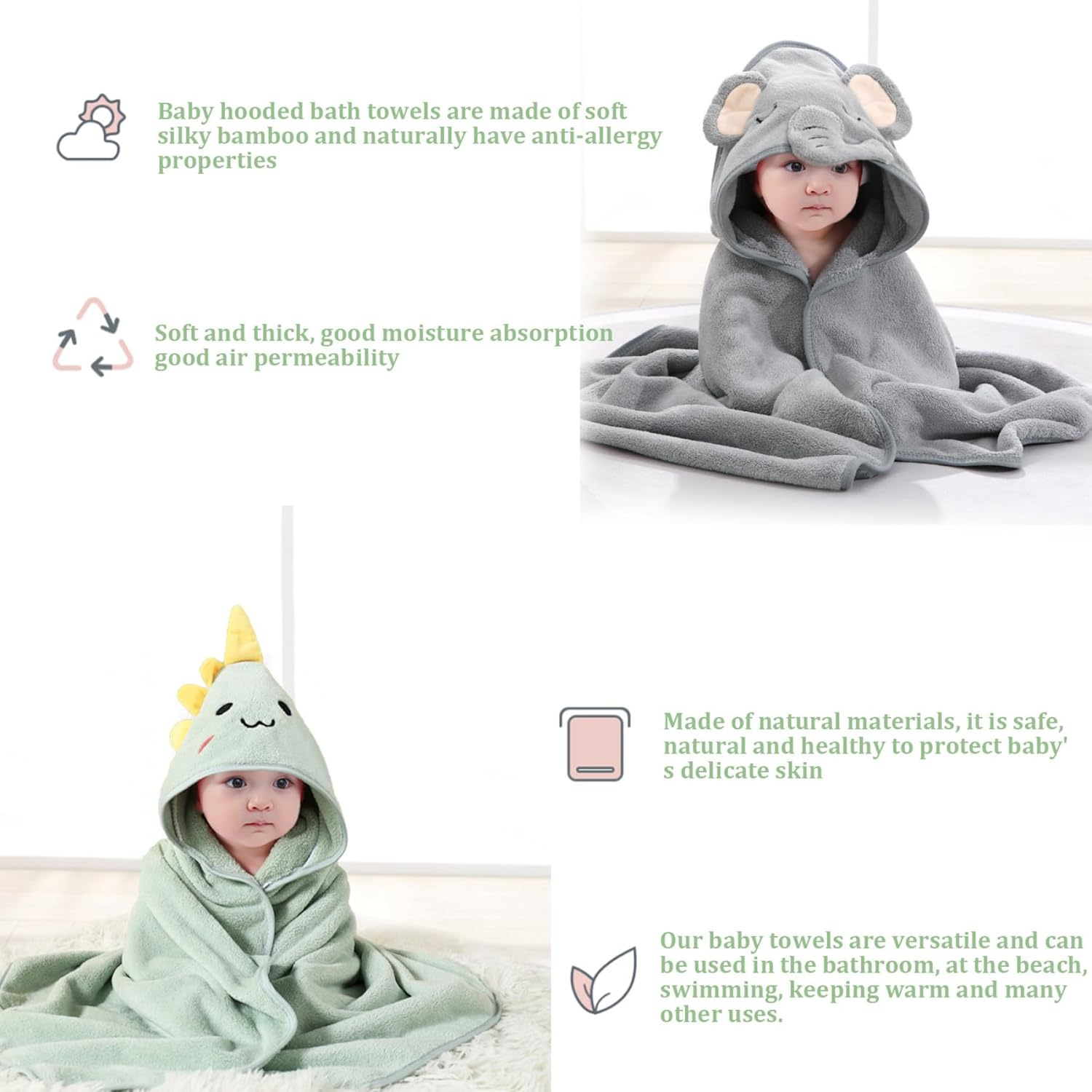 Baby Hooded Towels 2Pcs 32X32'' Soft & Absorbent Kids Bath Towel with Cute Dinosaur Design - Swimming Bathrobe Gifts for Boys Girls Toddlers image number 5