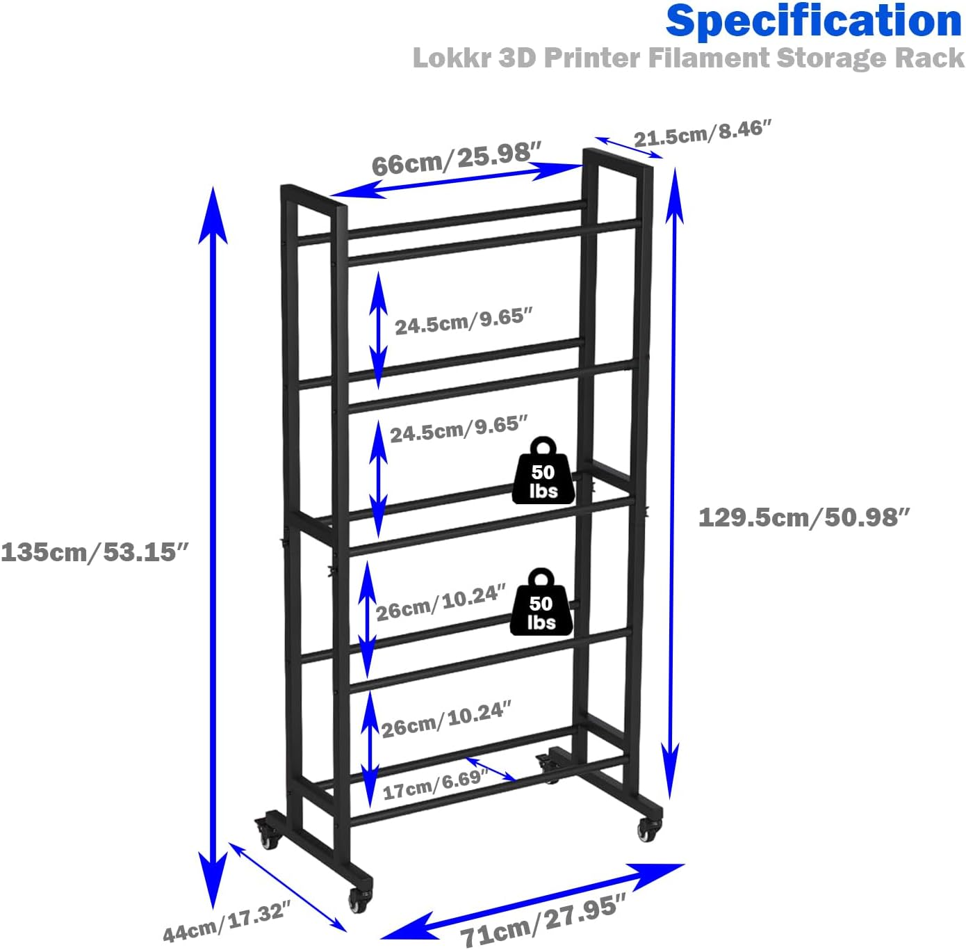 Lokkr 3D Printer Filament Storage Rack - 5 Tier Rolling 3D Printer Accessories with Wheels & Flat Feet, Heavy Duty Metal Shelf for PLA/ABS/TPU, Filaments Holder for 3D Printing Business/Studio image number 2