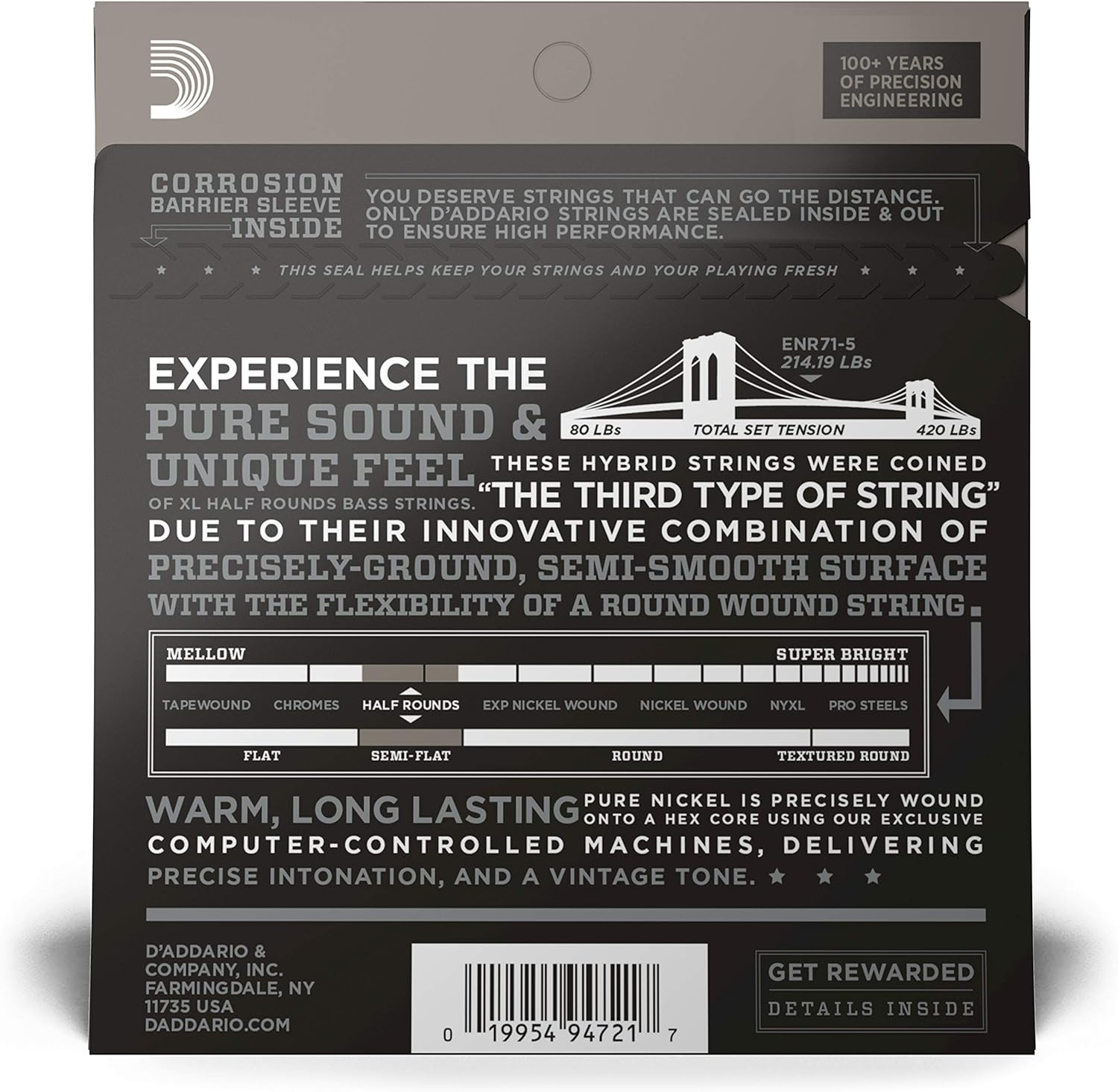 D'Addario XL Half Rounds Bass Guitar Strings - ENR71-5 - 5 String - Long Scale - Regular Light, 45-130
