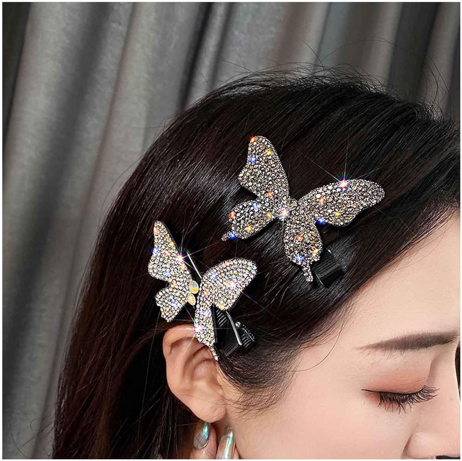 Yheakne Vintage Crystal Butterfly Hair Clip Silver CZ Butterfly Hair Clip Paved CZ Butterfly Hair Pin Glitter Rhinestone Headwear Barrette Head Clip Jewellery Women (Black) image number 3