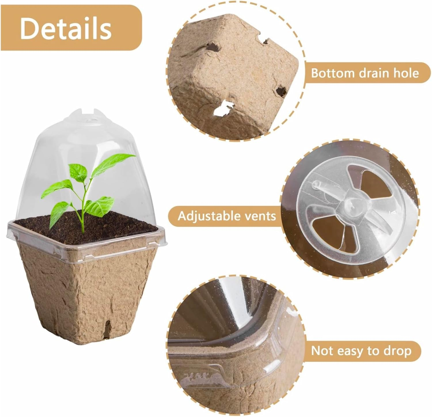20 Pcs Seedlings Peat Pots, Biodegradable Nursery Pots for Plants with Humidity Domes with 20Pcs Plant Labels, Square Design for Plants, Flowers, Vegetables image number 5