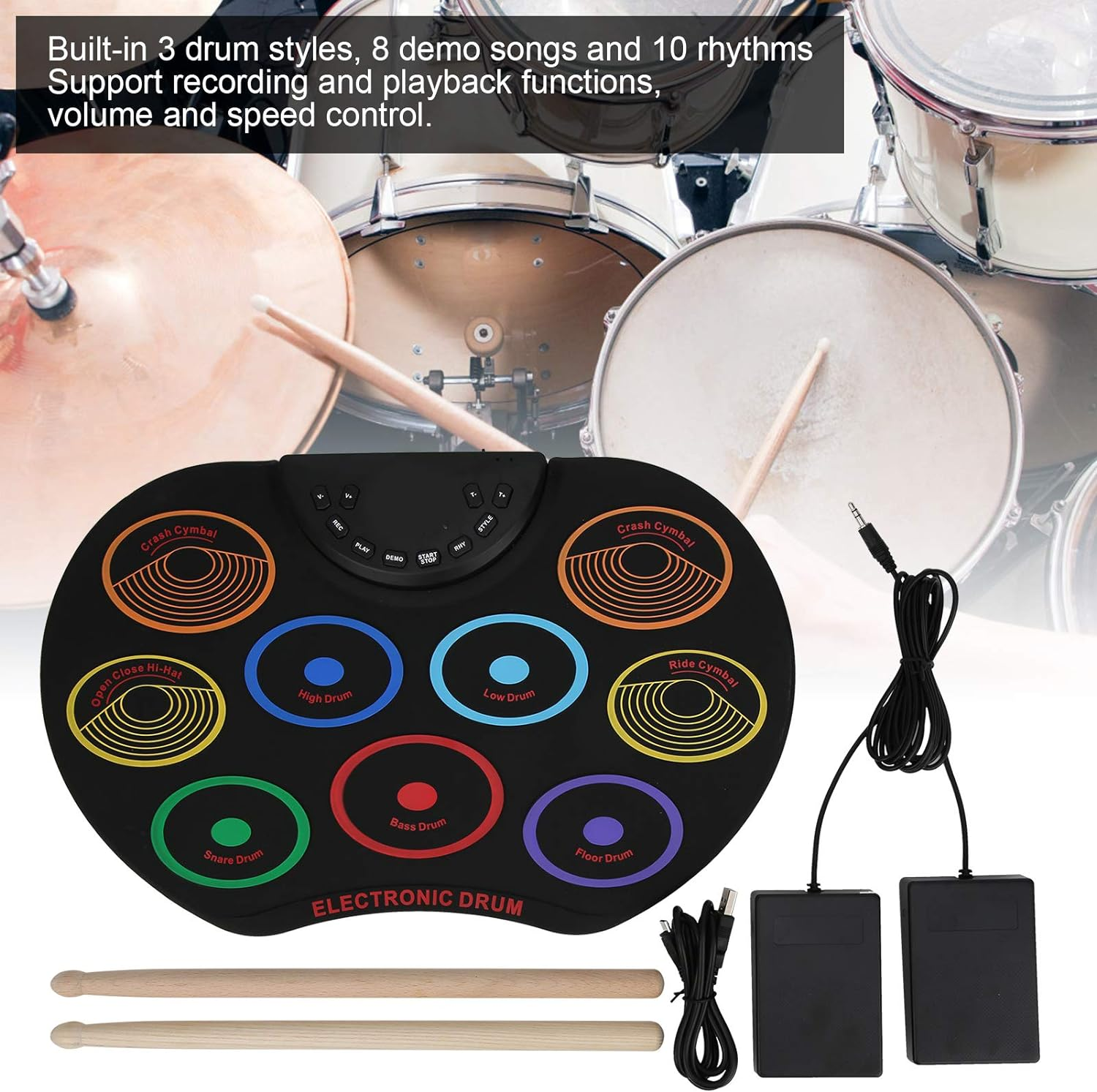 Electronic Drum Set, Portable Foldable Roll up Practice Pads, 3 Tones 12 Rhythms 12 Demo Songs, Built-In Speaker, Pedals, Sticks, Colorful Electric Kit for Beginner Kids image number 5