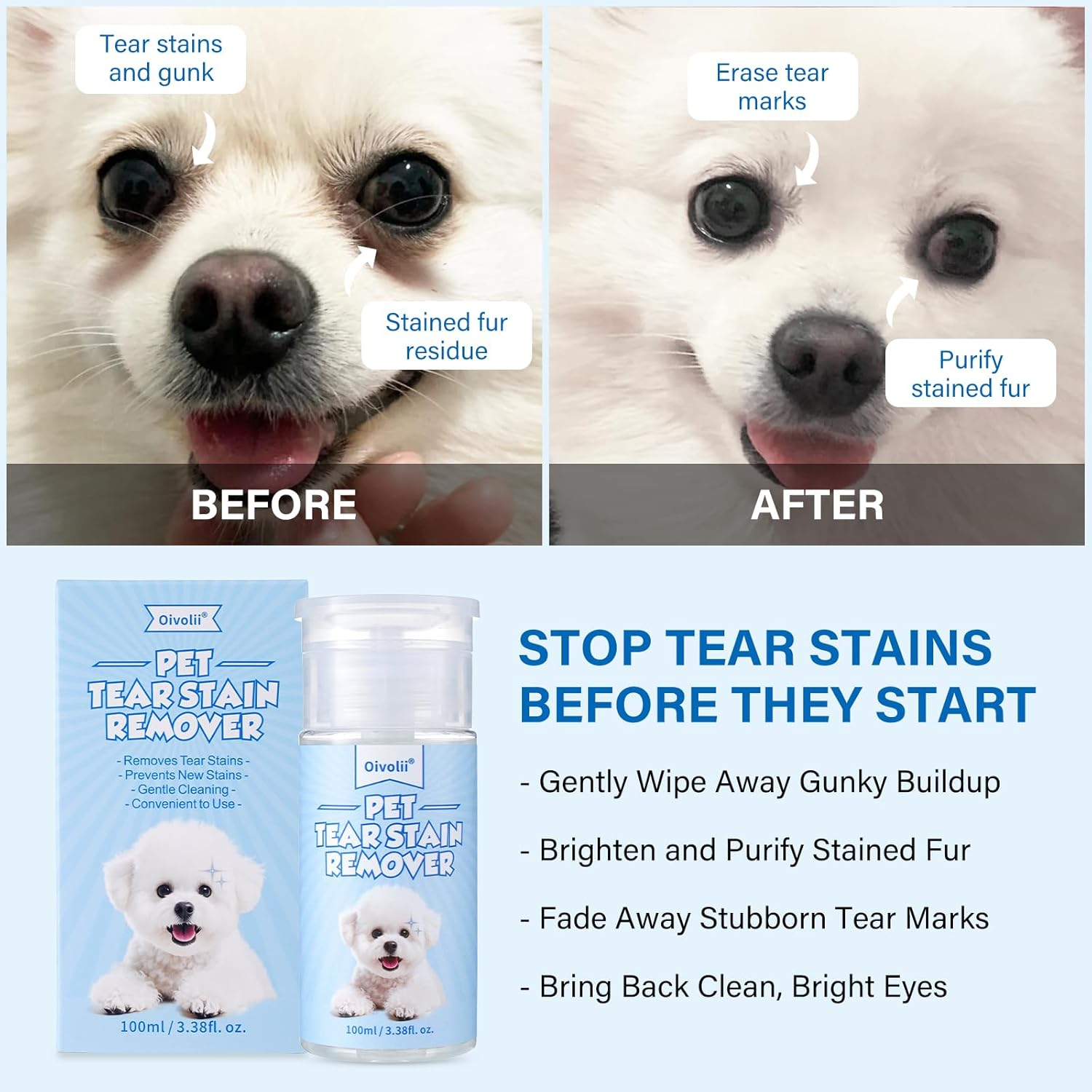 Natural Tear Stain Remover for Dogs and Cats 100 Ml, Eye Cleaning Pads Pack of 50 - Gentle, Safe & Non-Irritating Formula Effectively Removes Tear Stains, Eye Secretions, Discharge and Mucus image number 6