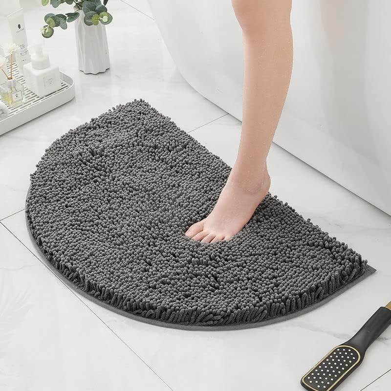 Half round Microfiber Chenille Non-Slip Bathroom Bath Rug Super Absorbent Quick Drying Shower Mat Soft Shaggy Bathtub Rugs Machine Washable Semi Circle Floor Decor Mat (Dark Gray, 50-80Cm)