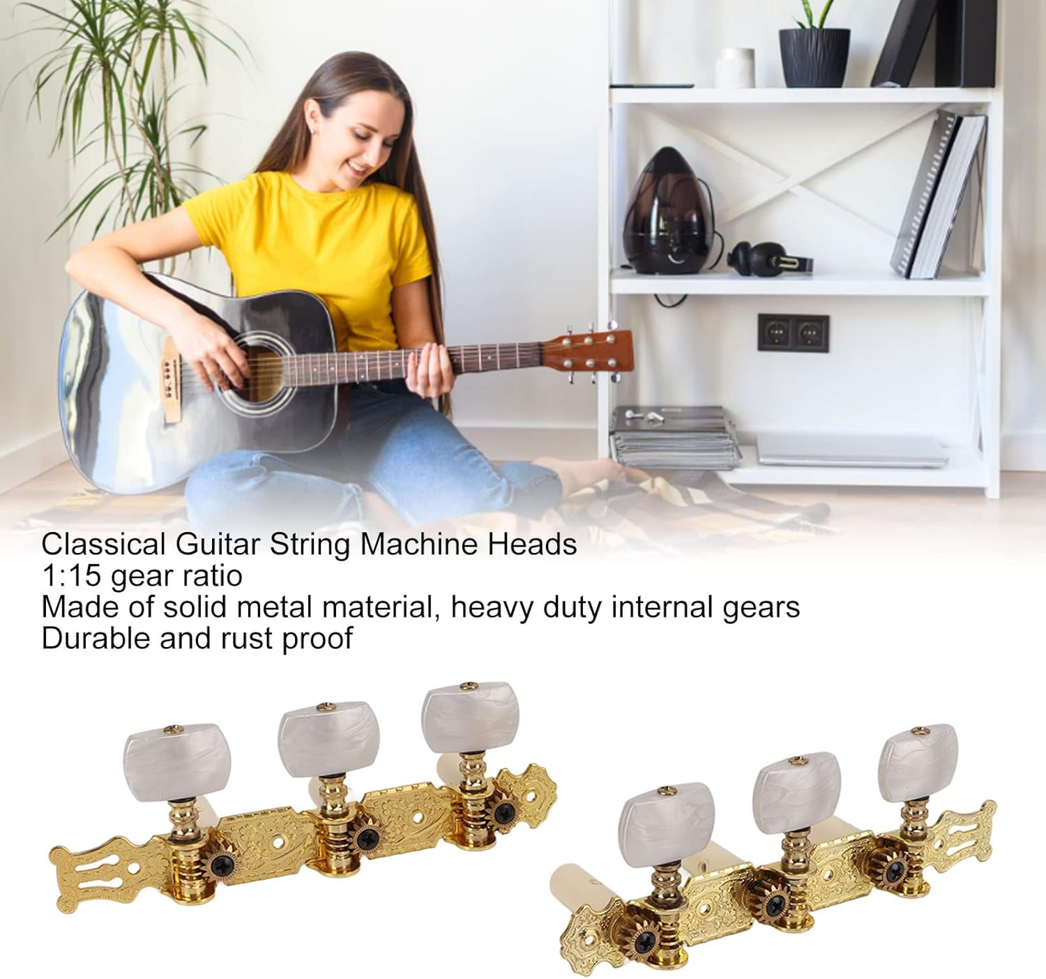 Tuning Pegs Keys, 2Pcs Classical Guitar String Machine Heads Easy to Install Metal Tuners Set Guitar Tuners Machine Heads with White Pearl Buttons for Classical Guitar image number 4