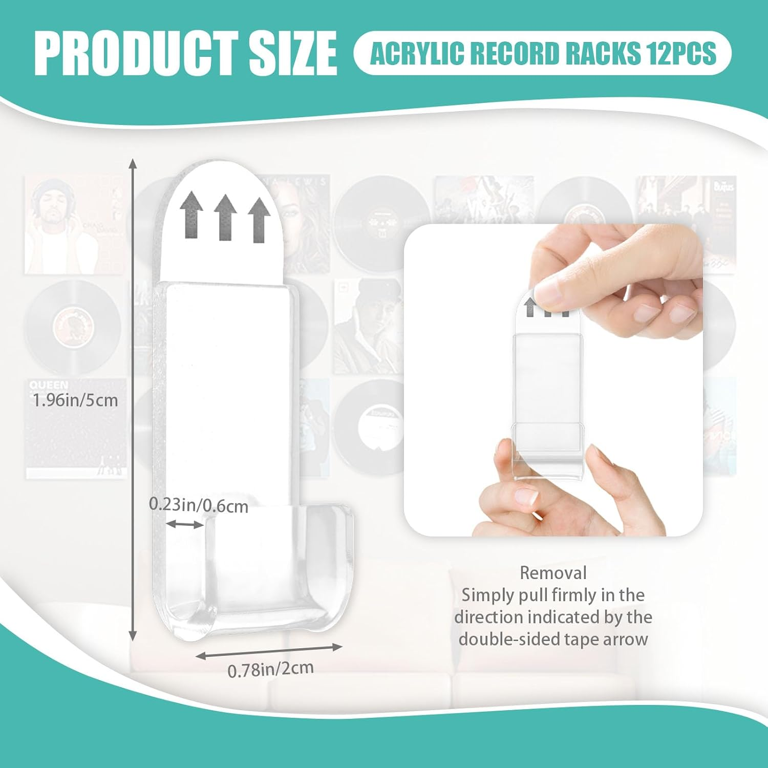Huakaile 12 Pieces Acrylic Vinyl Record Wall Mount with Adhesive Tape, No Screw Record Display Shelf Storage Hangers, Clear Music Album Covers Holder for Home Living Room Office Decoration image number 1