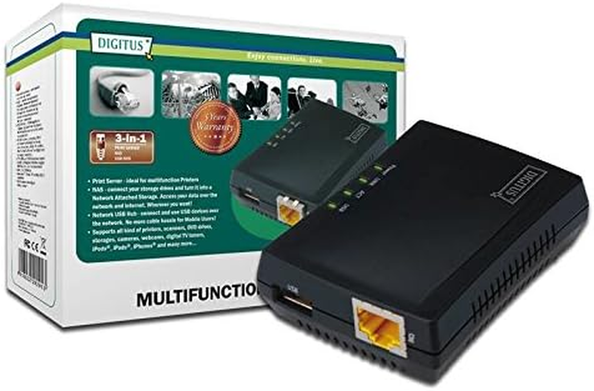 DIGITUS Fast Ethernet USB Network Server, Multifunctional for NAS, USB Hub, Printer, DVD Drive, 1 Port, USB 2.0, 10/100 Mbit/S Network, RJ45, Black image number 6