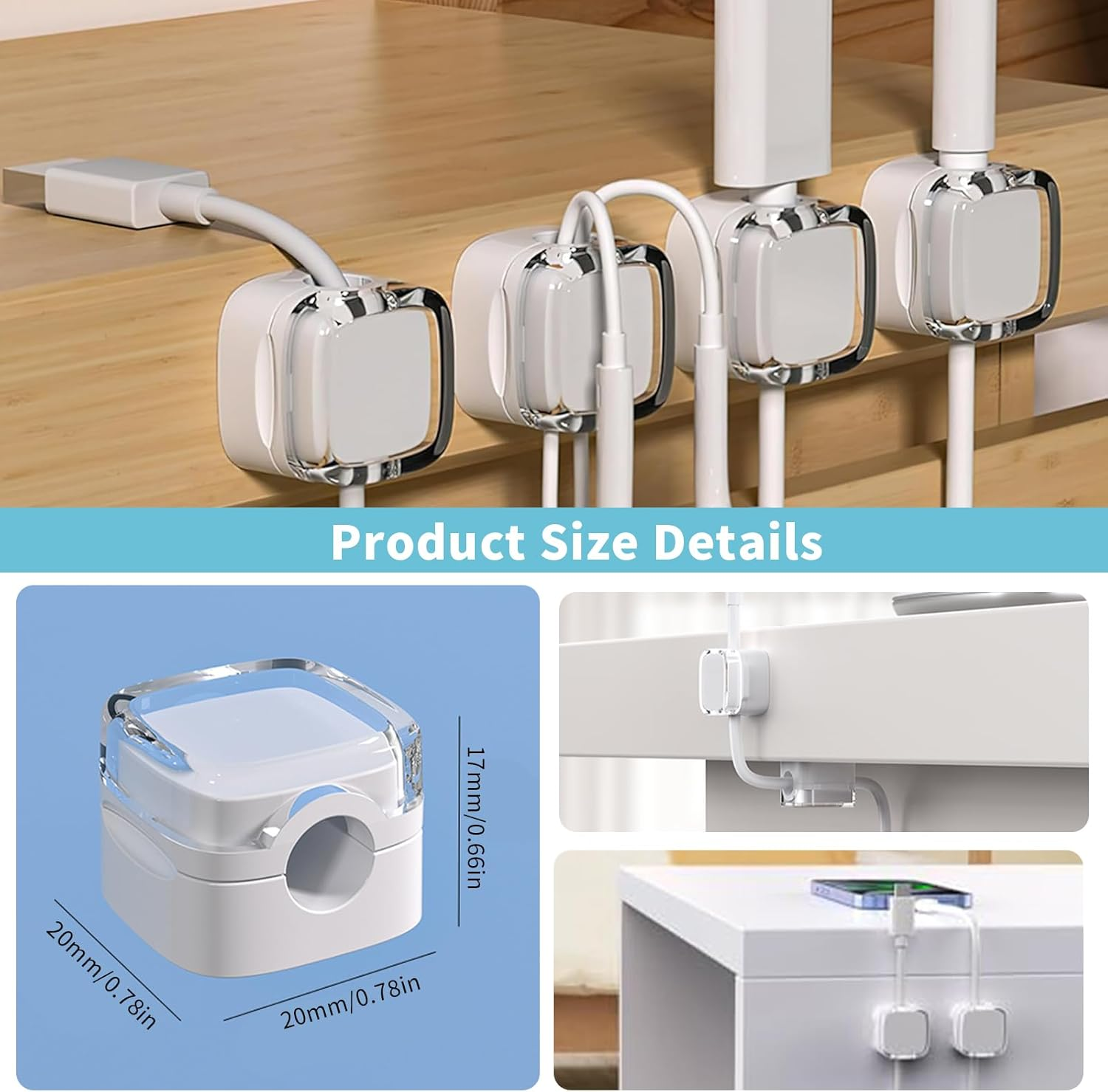 6 Pack Magnetic Cable Clips, Adhesive Cable Organize, Cord Management Holder, under Desk Cord Tidy Clips, Phone Wire Keeper, USB Charger Cable Holder for Nightstand Kitchen Appliances Car Office (WH)