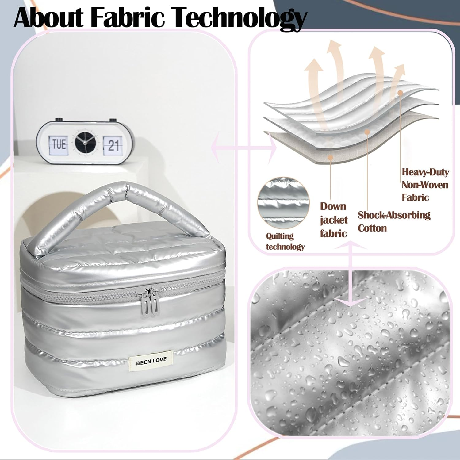 Cute Large Capacity Makeup Quilted Bag for Women&Girls/Down Jacket Waterproof Fabric/Makeup Brush/Cosmetic Bag/Toiletry Bag/Travel Case/Zipper Organizer Bag/Wide Open image number 2