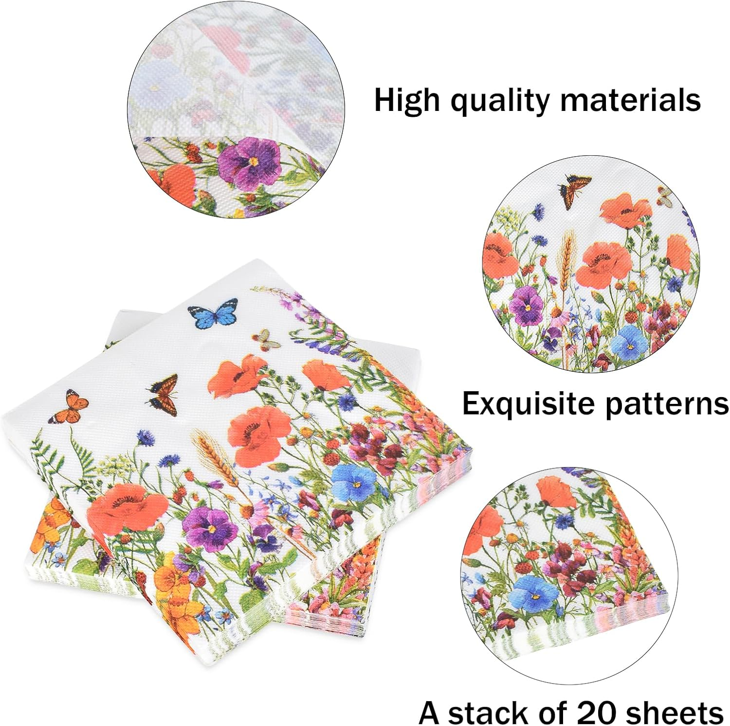 100Pcs Floral Butterfly Napkins Paper 33 * 33Cm,Table Decorations Serviettes Colourful Butterfly Flower Pattern Napkins,Floral Paper image number 4