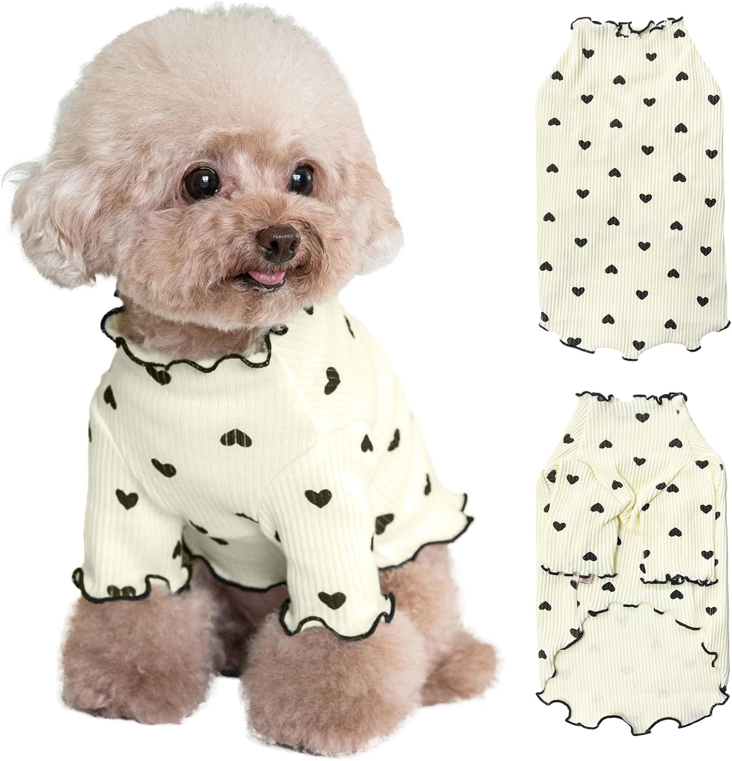 Yaopelky Pet Clothes for Small Dogs Cat Summer Fall Heart Print Shirt Stretchable Ruffle Long Sleeve Outfits for Chihuahua Schnauzer Shih Tzu Yorkie (Pink, Small)