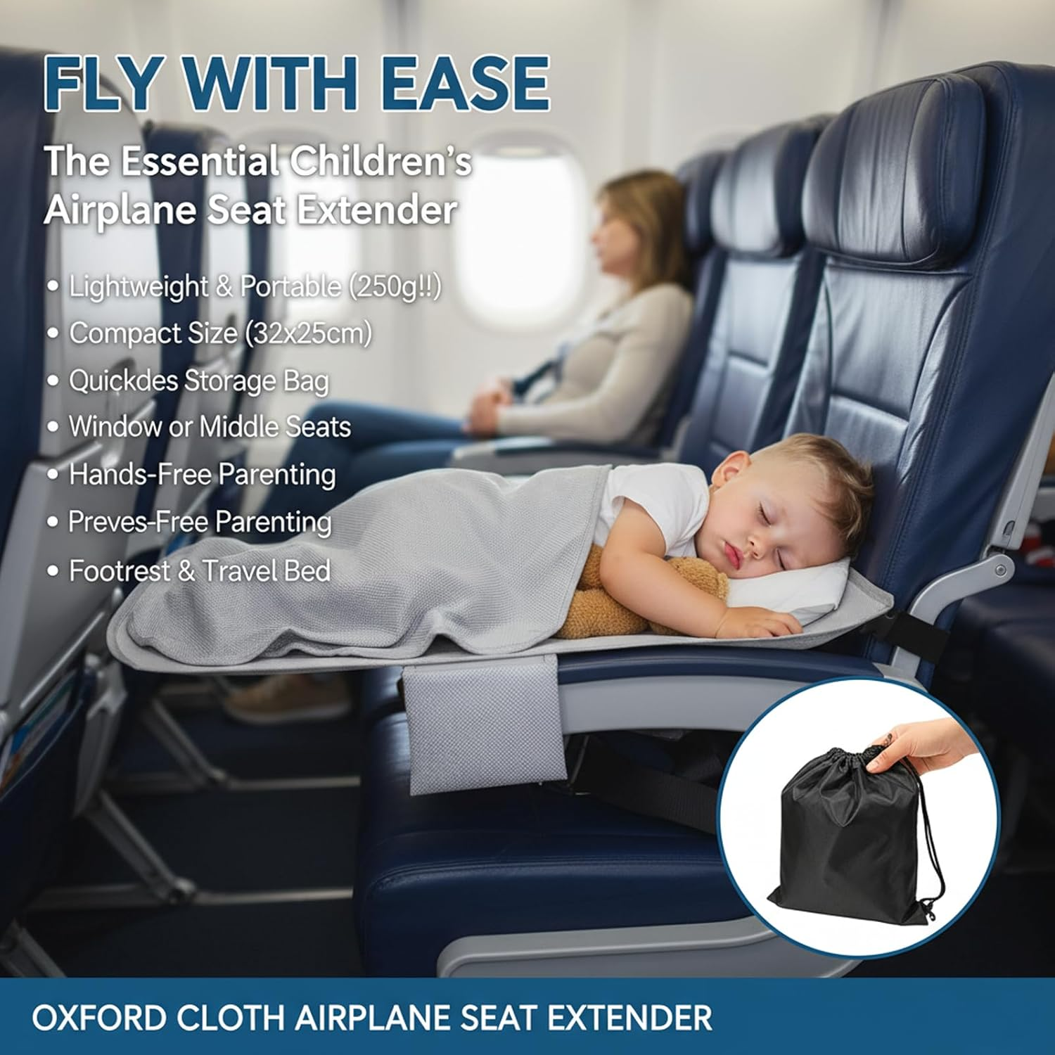 Airplane Seat Extender for Kids, Toddler Travel Bed & Footrest, Oxford Cloth Plane Bed, Airplane Travel Essentials for Children image number 2