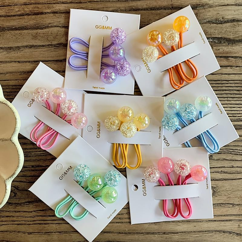 14Pcs Girl Double Balls Elastic Ponytail Holders, Large round Twin Bead Hair Ties, Bright Multicolored Bauble Hair Elastics for Toddler Kids, Value Pack for Stylish and Secure Hairstyles image number 5