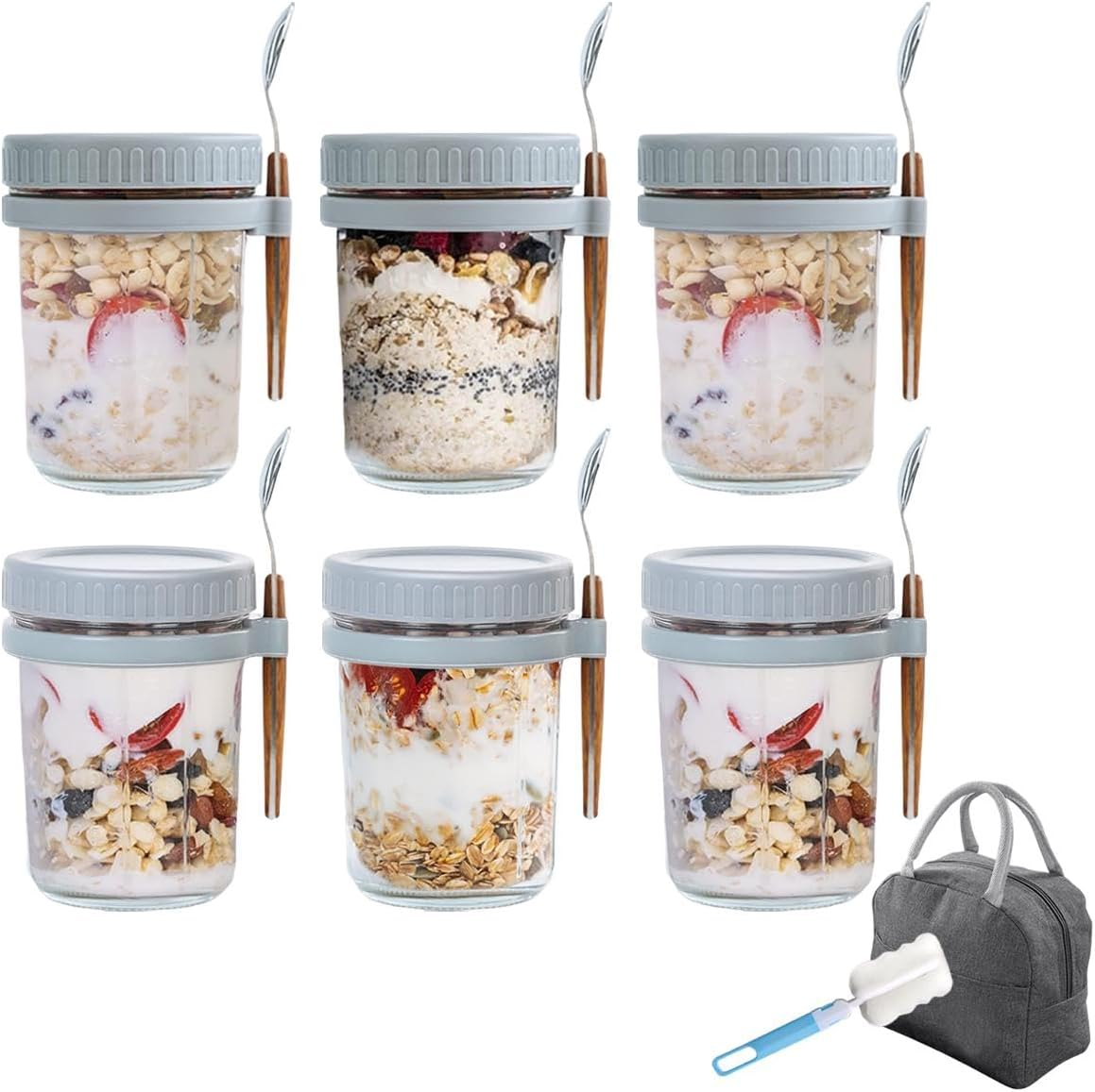 Kitment 6Pack Overnight Oats Container Jars, Oatmeal Containers with Lid and Spoon, 10Oz/350Ml Glass Mason Airtight Jars with Measurement Marks for Cereal, Yogurt, Milk, Vegetable, Fruit, Salad (Gray) image number 1