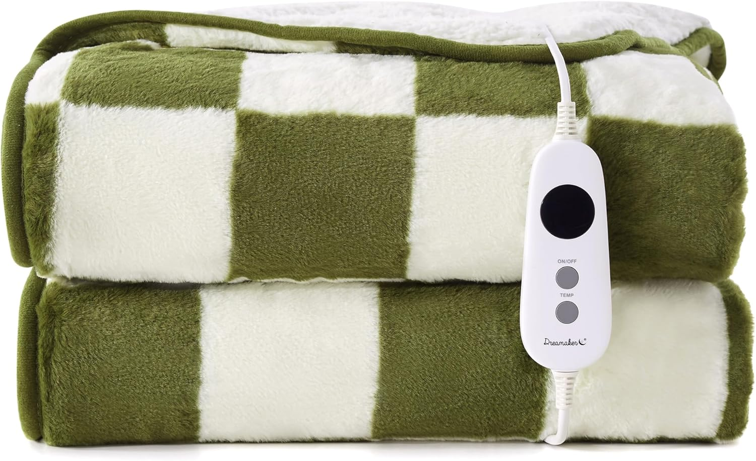 Dreamaker Checkered Plush Fleece Electric Heated Throw Blanket 200X180Cm Warm Sherpa Fleece Reversible Rug Energy Efficient Overheat Protection 9 Heat Setting Extra Long Cord Controller- Olive & Cream
