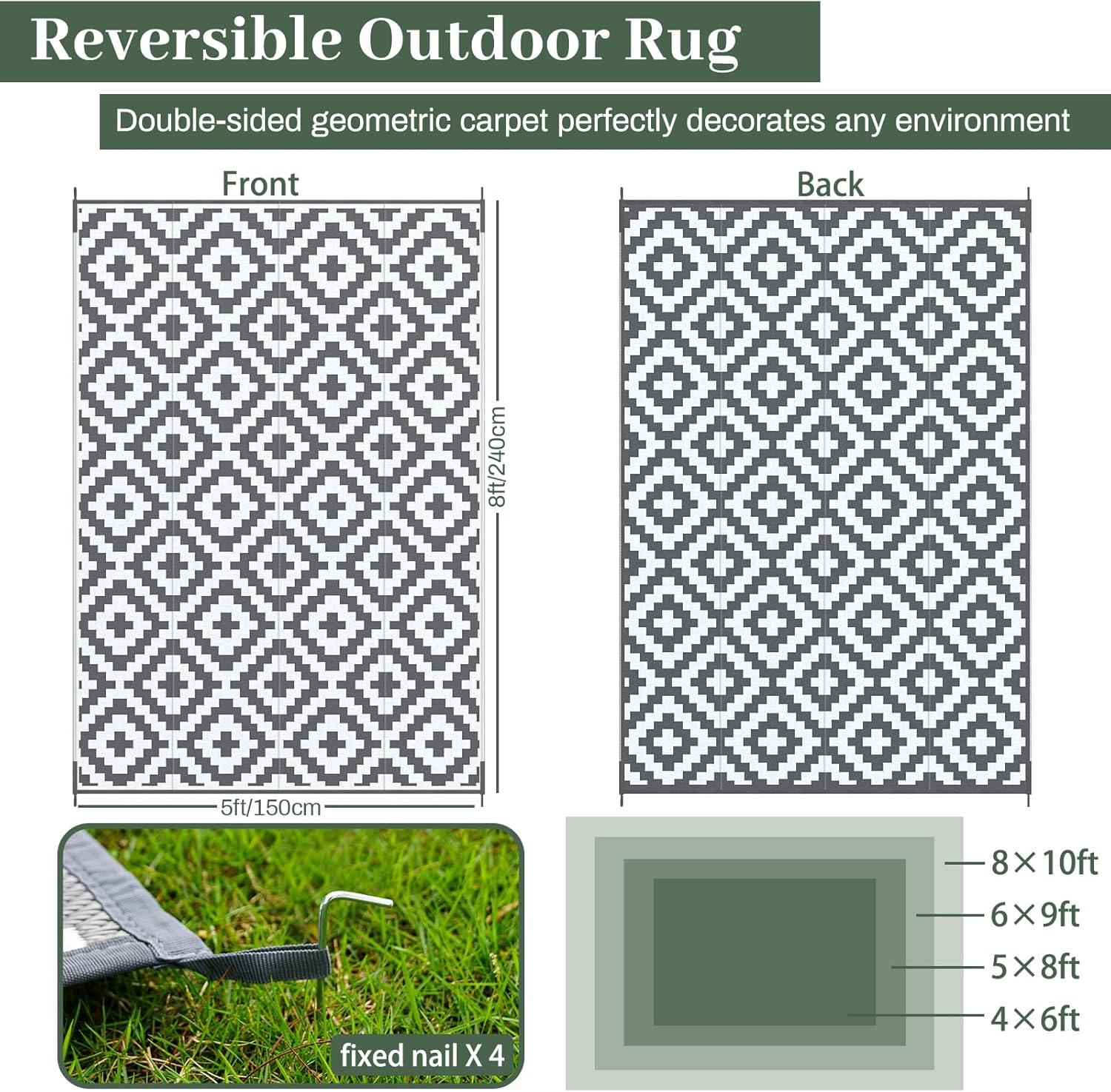 MOKANI Outdoor Rug for Patios Waterproof (150X240Cm), Anti-Slip Plastic Straw Garden Mat Carpet UV Resistant Indoor Area Rugs for Camping, Deck, Beach, Picnic, Backyard image number 1