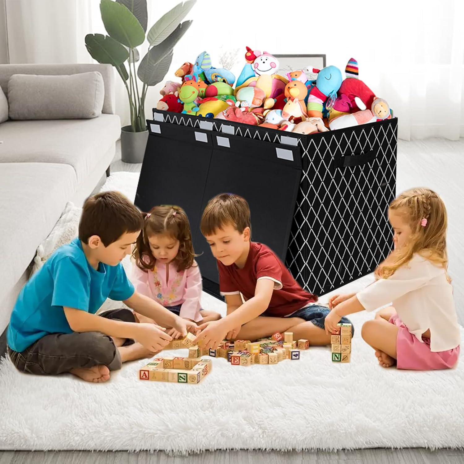 Toy Chest Box Organizer Bins for Boys Girls, Kids Large Collapsible Storage Box Container Sturdy with Fabric Flip-Top Lid & Handles for Clothes, Blanket, Nursery, Playroom, Bedroom, (Black) image number 2