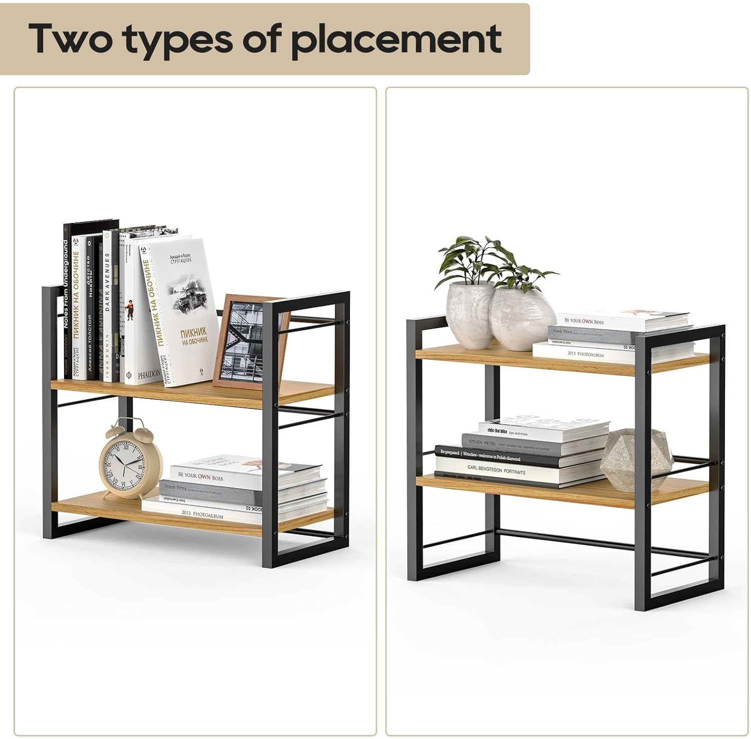 Office Desk Shelf Organizer, Wood Desktop Bookshelf Supplies Storage Rack, Shelf for Top of Desk and Dresser (Black-2 Tier) image number 3