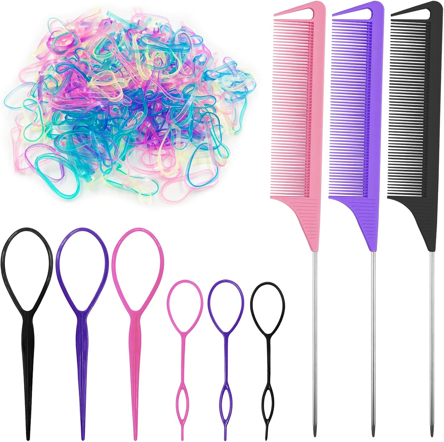 AIFUDA 9 Pack Hair Loop Tool Set - 6 Topsy Tail Tools, 3 Rat Tail Combs with Metal Pin for Braiding and Styling - Includes Mini Rubber Bands