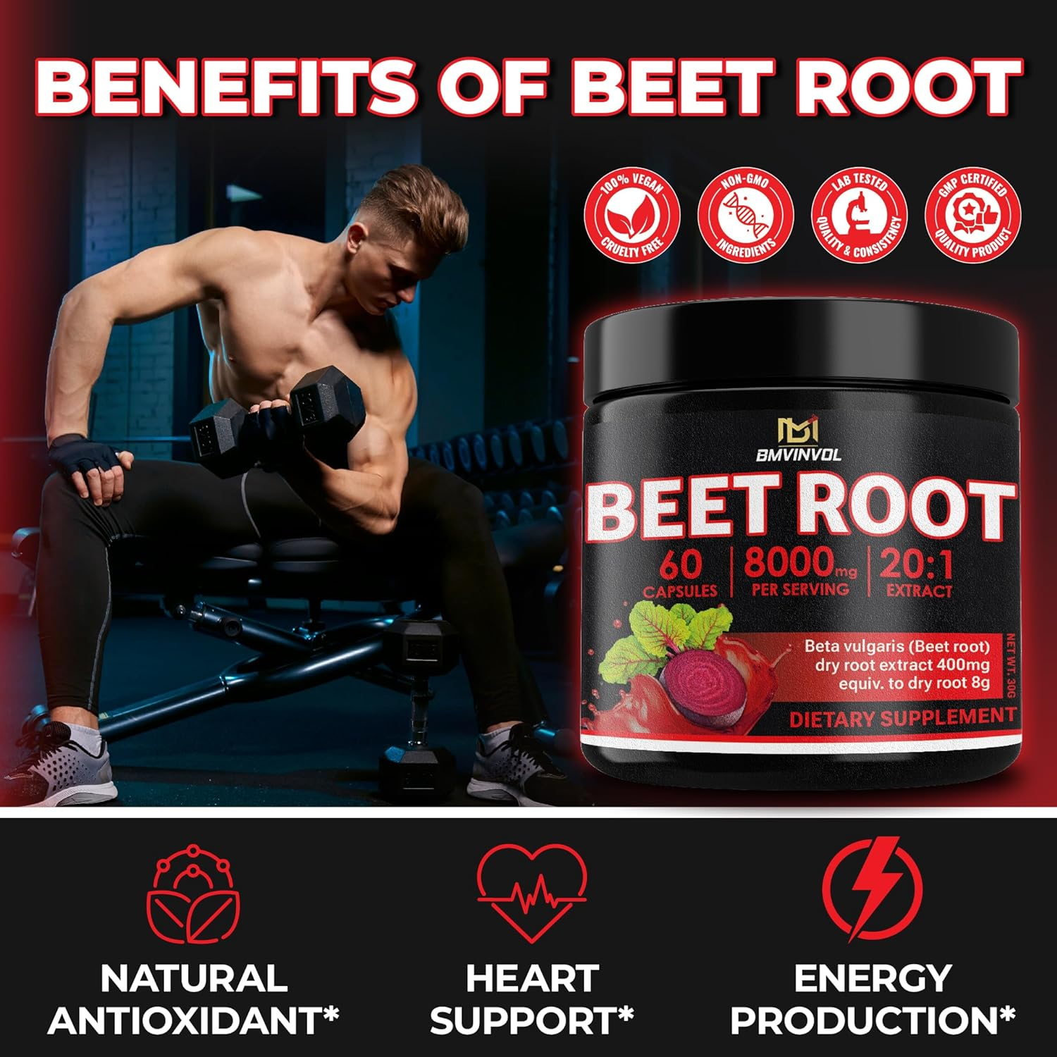 Beet Root 8000 Mg Strength 20:1 Extract | 60 Vegan Capsules | Non-Gmo | Gluten Free Formula | High Potency Herbal Extract Supplement image number 2