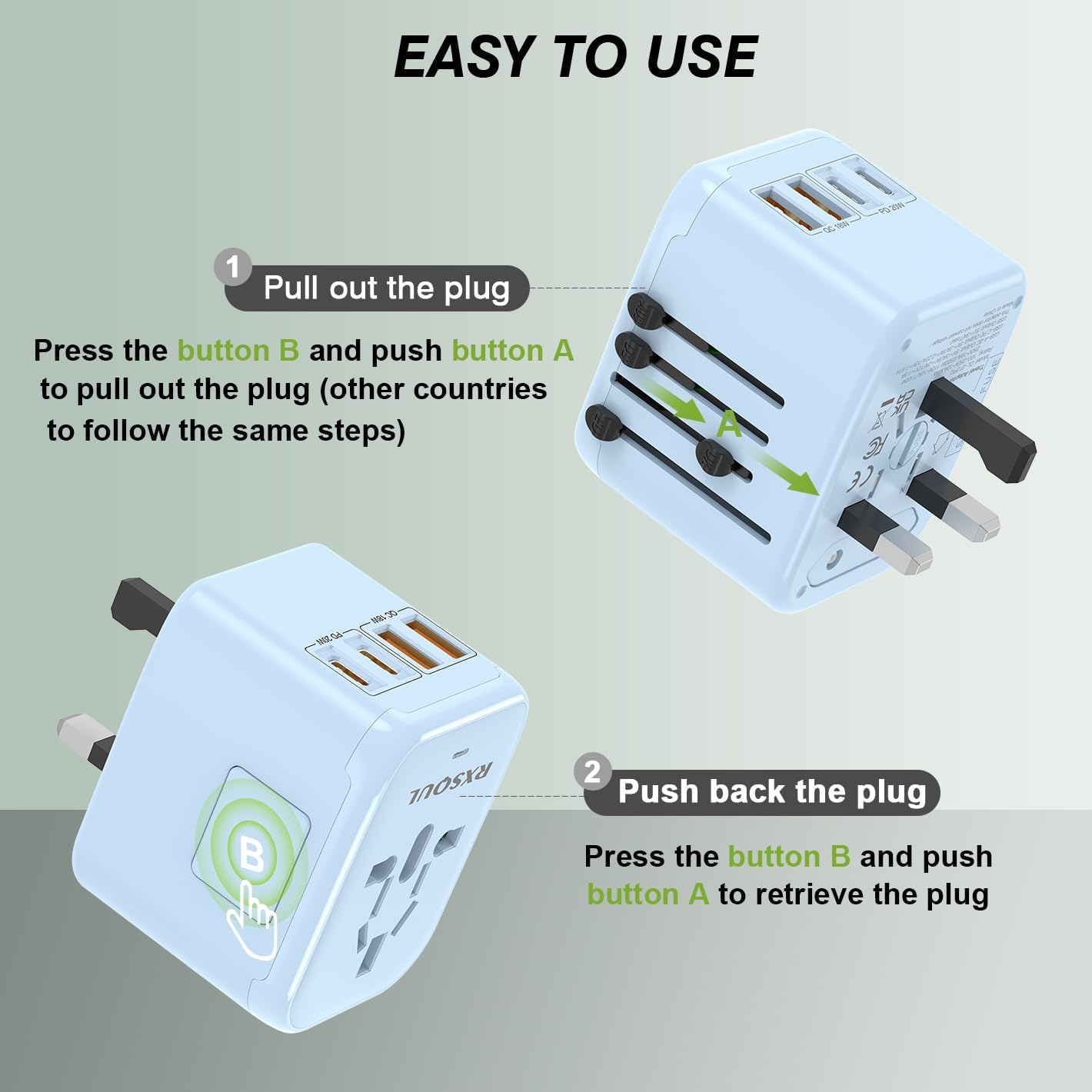 RXSQUL 5 in 1 Universal Travel Adapter, PD20W Fast Charger with 2 USB-C & 2 USB-A Ports for Europe UK US AU Asia - Blue image number 2