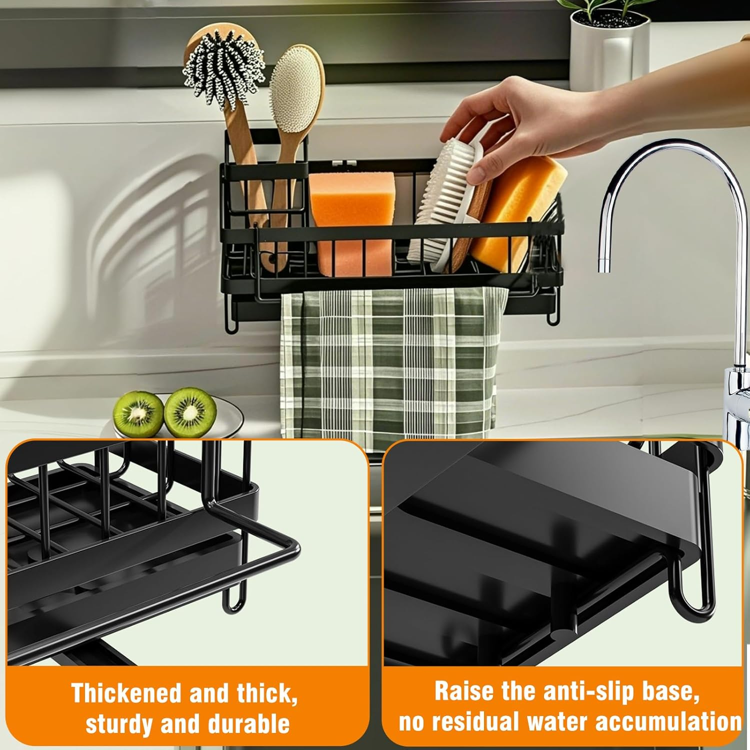 Kitchen Sink Caddy Organiser,Sinkware Organizer with Removable Auto-Draining Tray & Brush Holder, Washing up Rack for Dishcloth Towel Soap,Sponge Holder for Countertop Bathroom Storage & Organisation image number 5