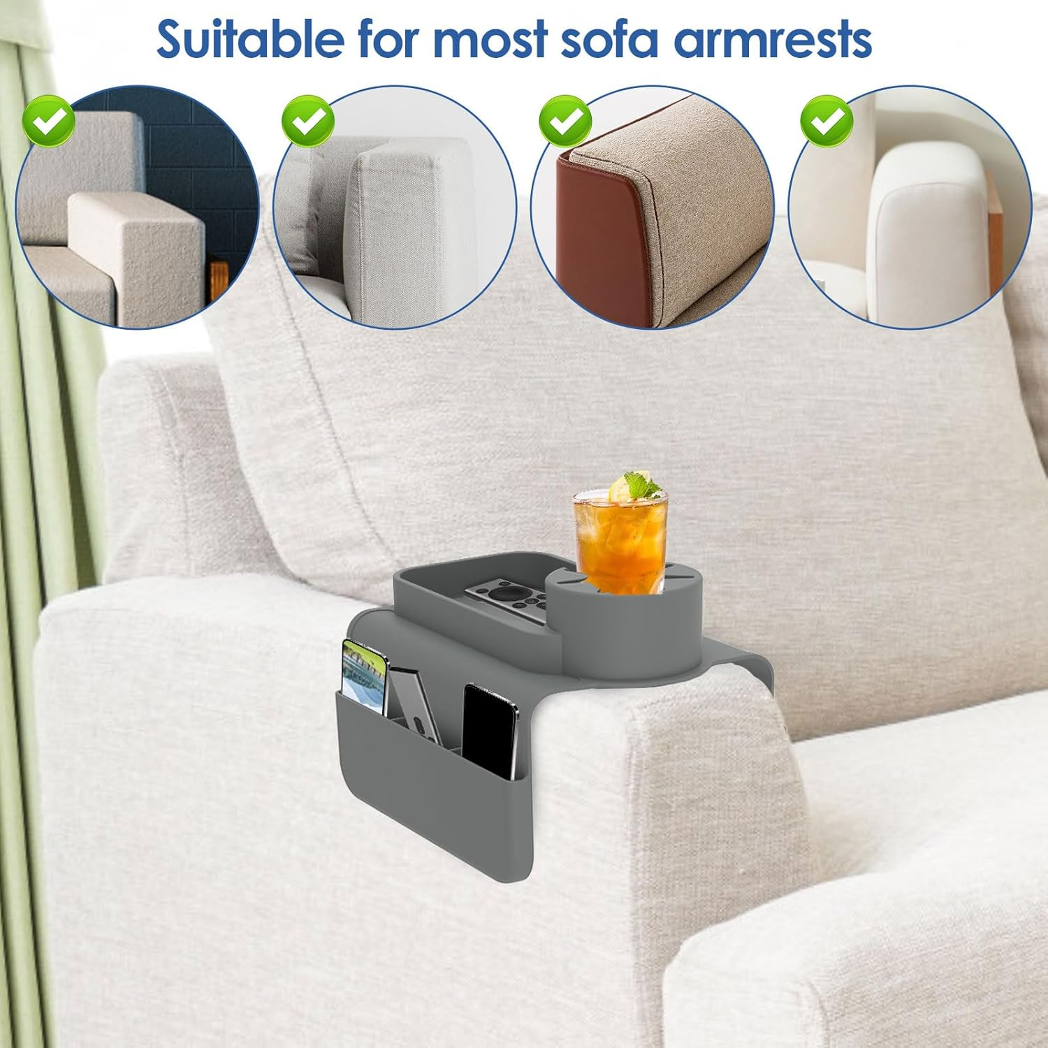 Fwqofvk Silicone Sofa Couch Cup Holder with Side Pocket, Easy to Install Silicone Armchair Cup Holder, Versatile Sturdy Sofa Armrest Tray, Couch Drink Holder for Living Room 48X29.5X11Cm (Grey) - White image number 3