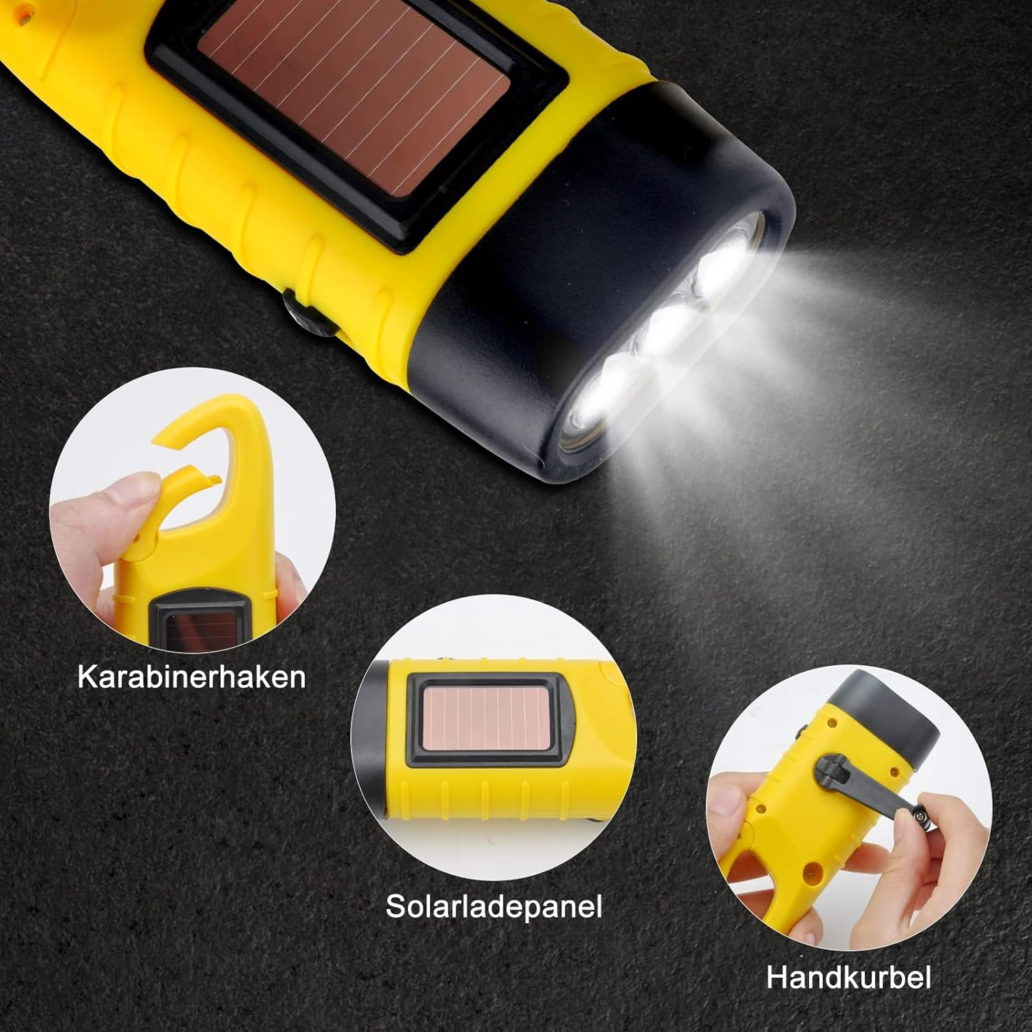 Hand Crank Torch, Rechargeable LED Flashlight 2Pcs Solar LED Flashlight Hand Crank Torch Waterproof Emergency Light Outdoor Portable Camping (2 Pieces, Yellow) image number 3