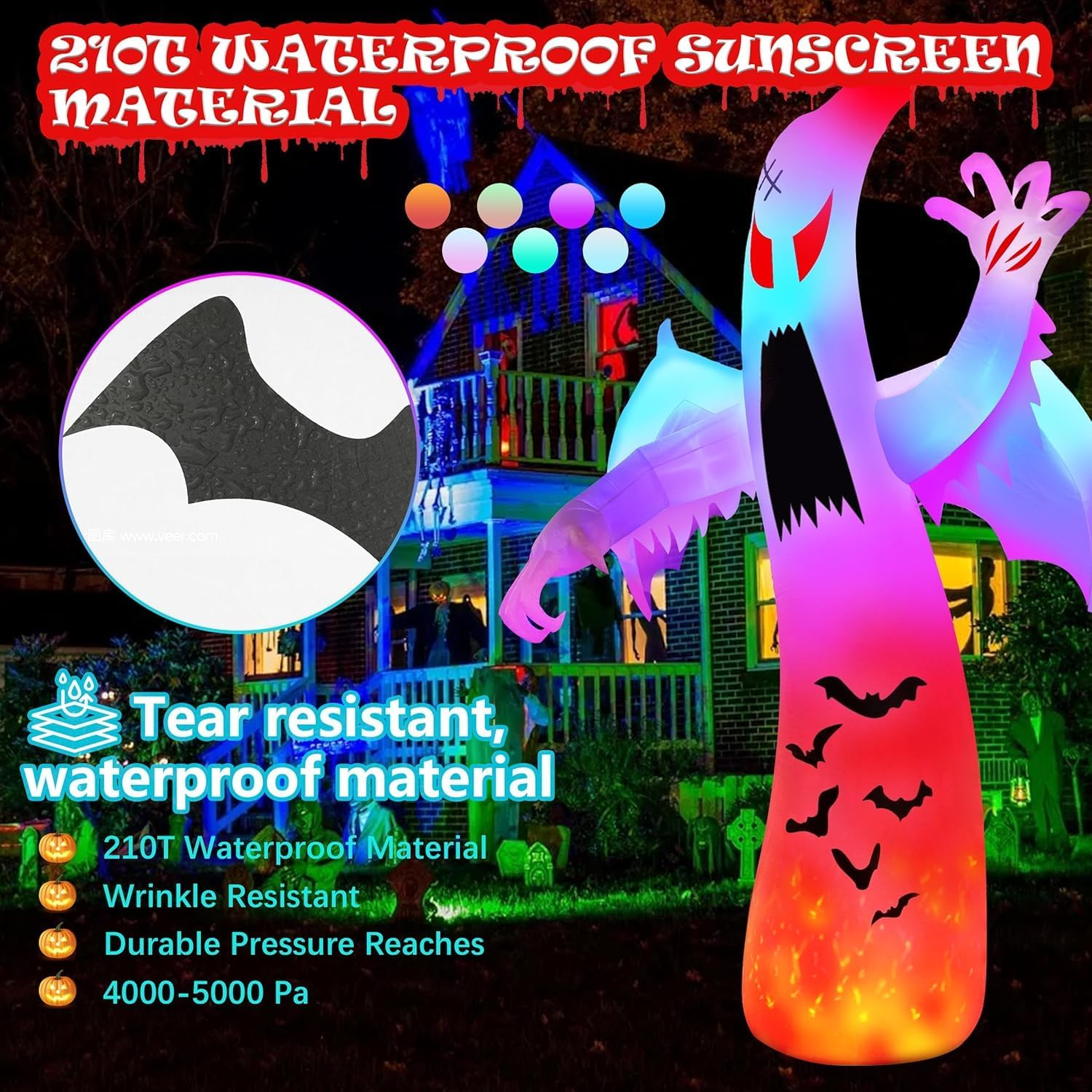 Halloween Inflatables Ghost Decorations Outdoor, 12FT Giant Ghosts of Halloween with Wings Scary Spooky Ghost Colorful Flashing and Flame for Outdoor Yard Decorations, Garden, Lawn