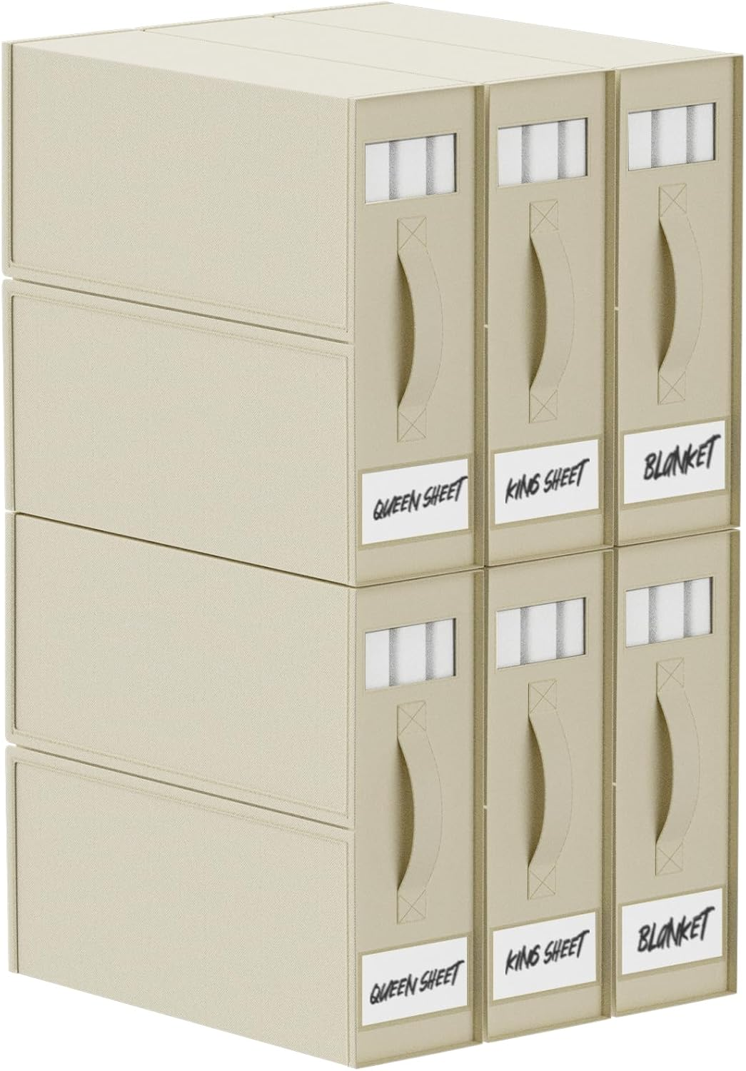 6 Pack Bed Sheet Organiser and Storage, Foldable Bedsheet Organizer for Linen Closet, Sheet Set Organiser with Window XL (Queen & King Size) Organizing Bedding Container Box, Beige image number 4