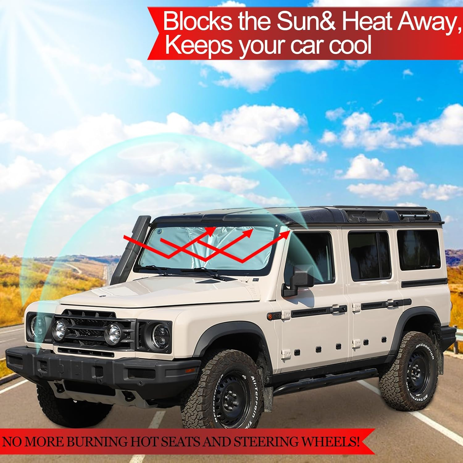 Tumukiw Front Windshield Sun Shade Compatible with INEOS Grenadier 2020-2024 Car Windshield Sun Shade Foldable Elastic Memory Steel Wire Sun Shield UV Protection Car Accessories