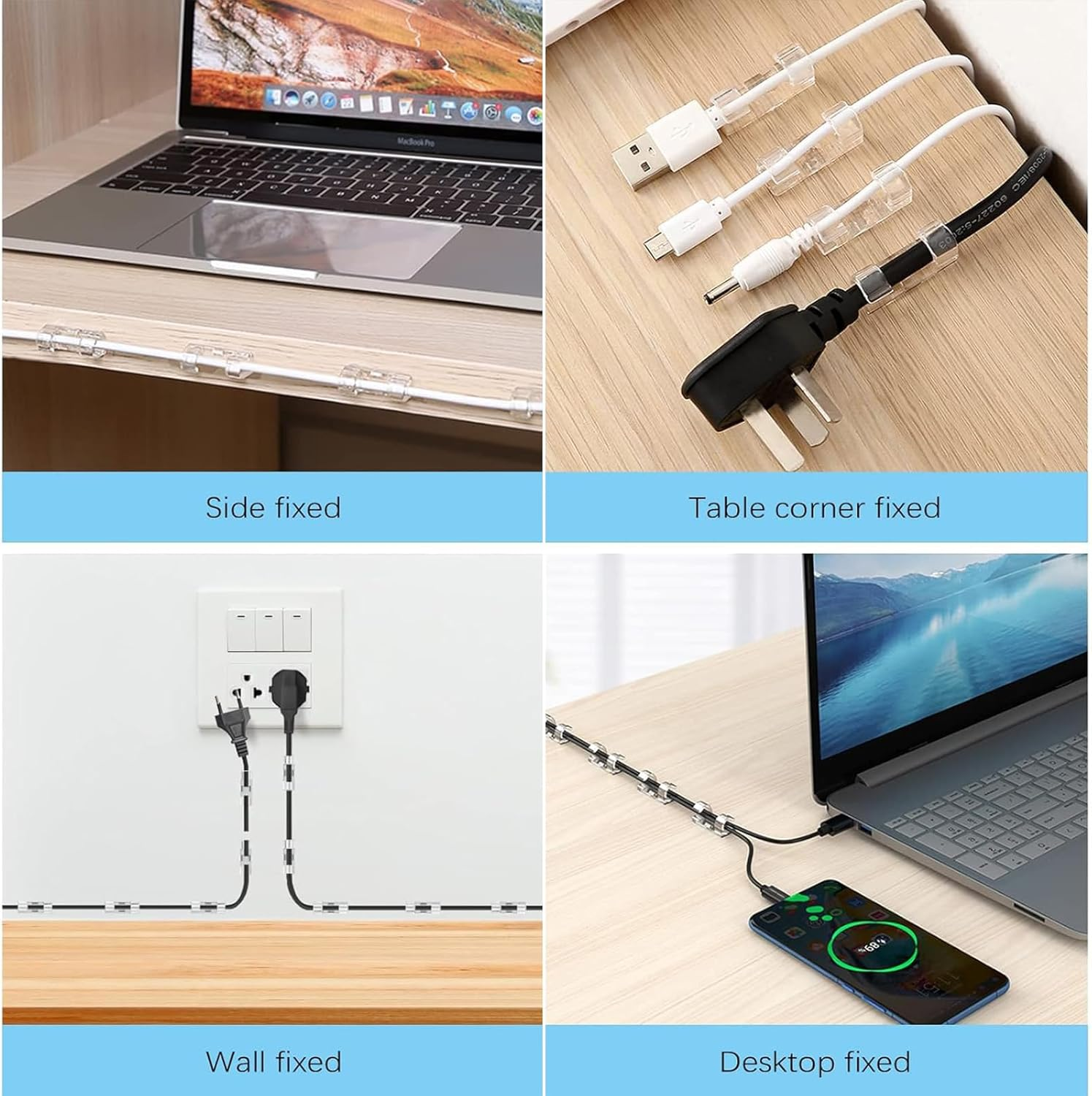 Self Adhesive Cable Management Clips, 50 Pcs Cable Organizers Sticky Wire Clips Cord Holder for TV PC Laptop Ethernet Cable Desktop Home Office (Transparent)