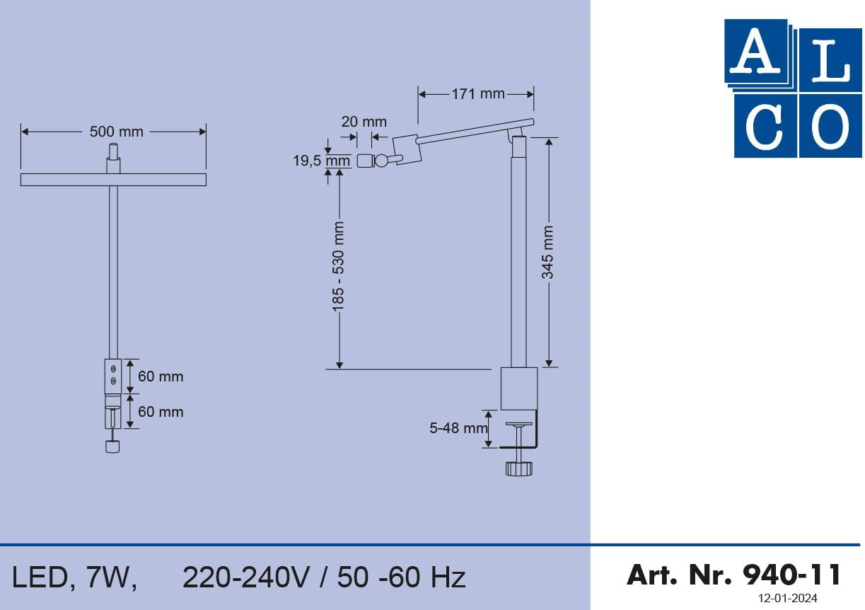 Alco-Albert 940-11 LED Desk Lamp with Clamp, 50 Cm, Black, Continuously Dimmable, 3 Colour Temperatures, USB Connection, Aluminium Table Lamp image number 6
