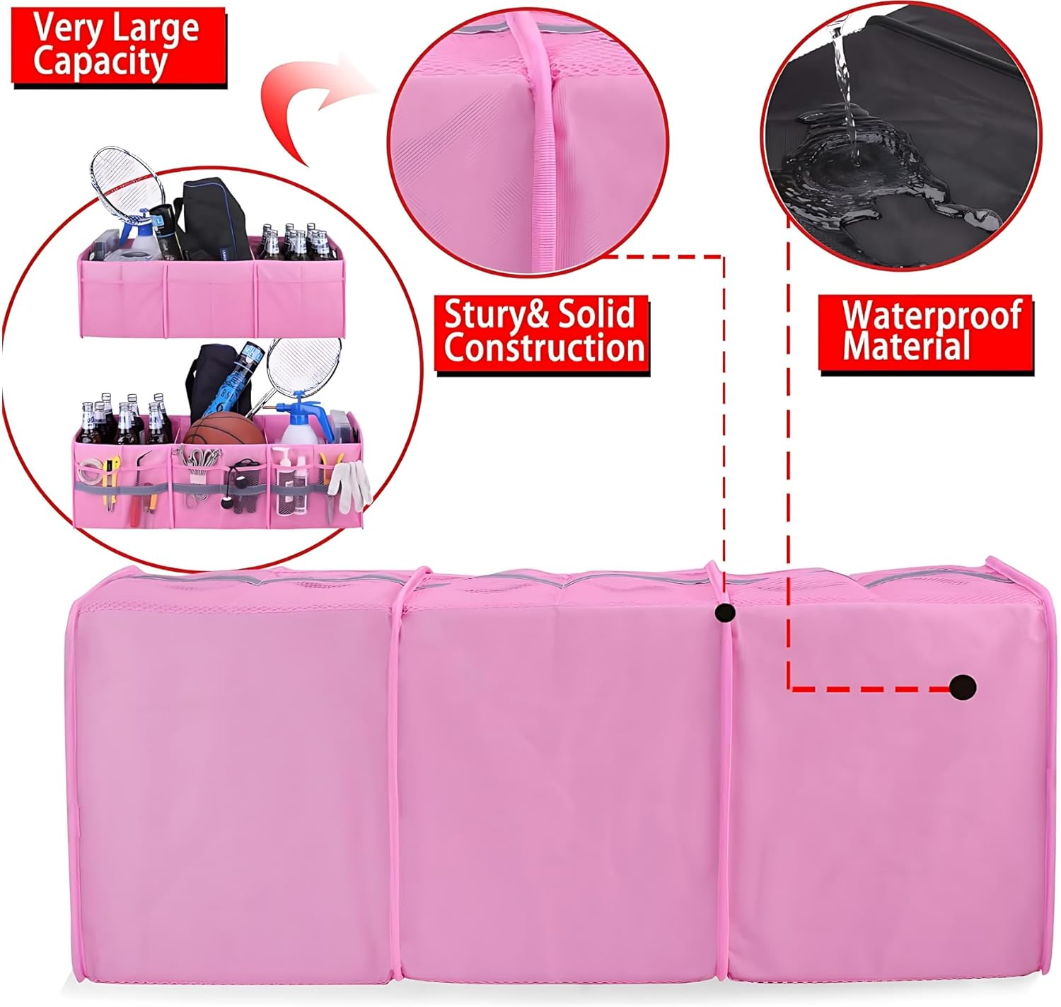Stylish Pink Car Boot Organizer XL 90CM 100L &ndash; Multi-Compartment Trunk Organizer for Women and Ladies, Ideal for Grocery Shopping, Travel & Daily Car Use image number 1
