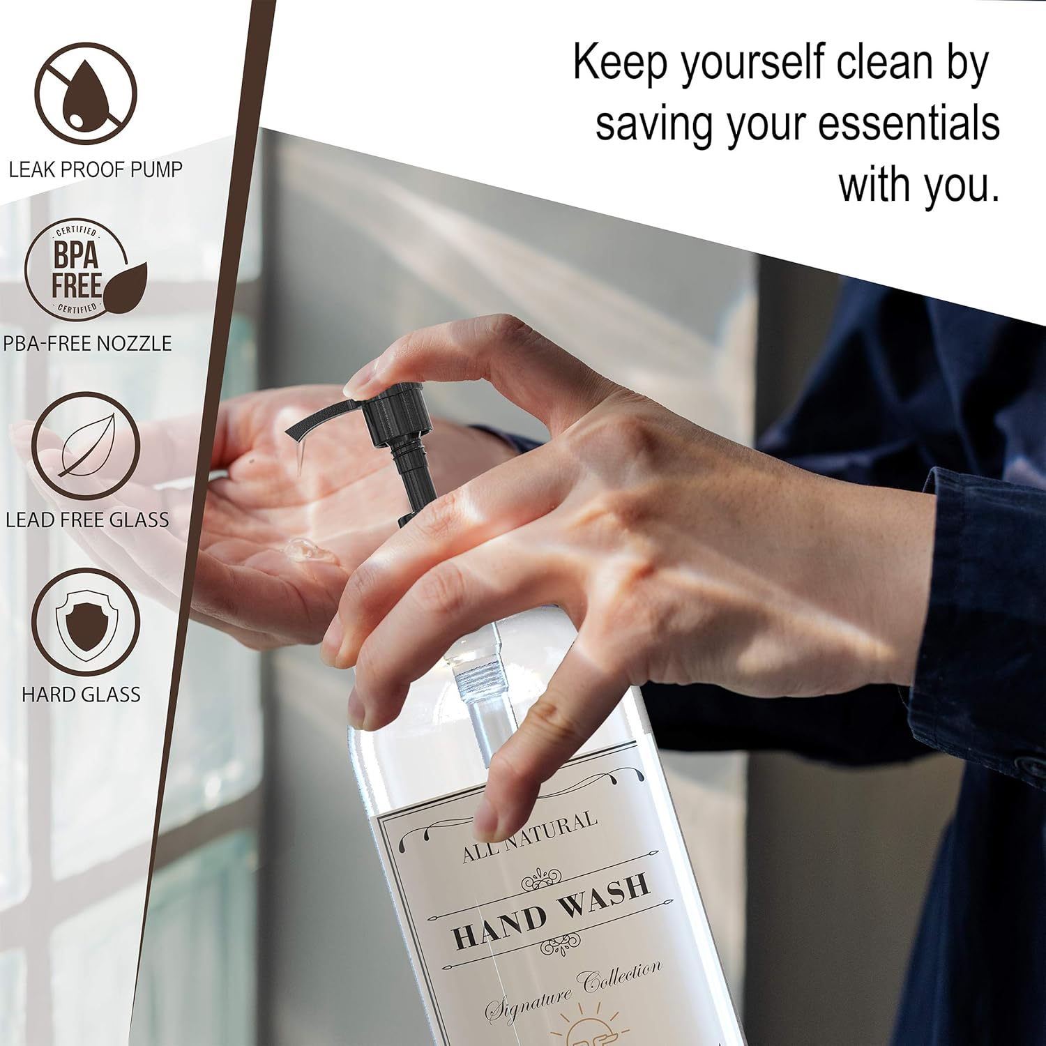 16 OZ Thick Clear Glass Soap Dispenser with Plastic Pump 2 Pack, Hand and Dish Soap Dispenser Set for Bathroom with 6 Waterproof Labels image number 3