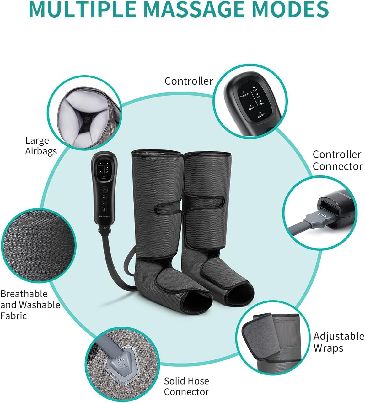 Nekteck Leg Massager with Air Compression for Circulation and Relaxation, Foot and Calf Massage Machine with Hand-Held Controller 2 Modes 3 Intensities, Adjustable Leg Wraps for Home and Office Use image number 6