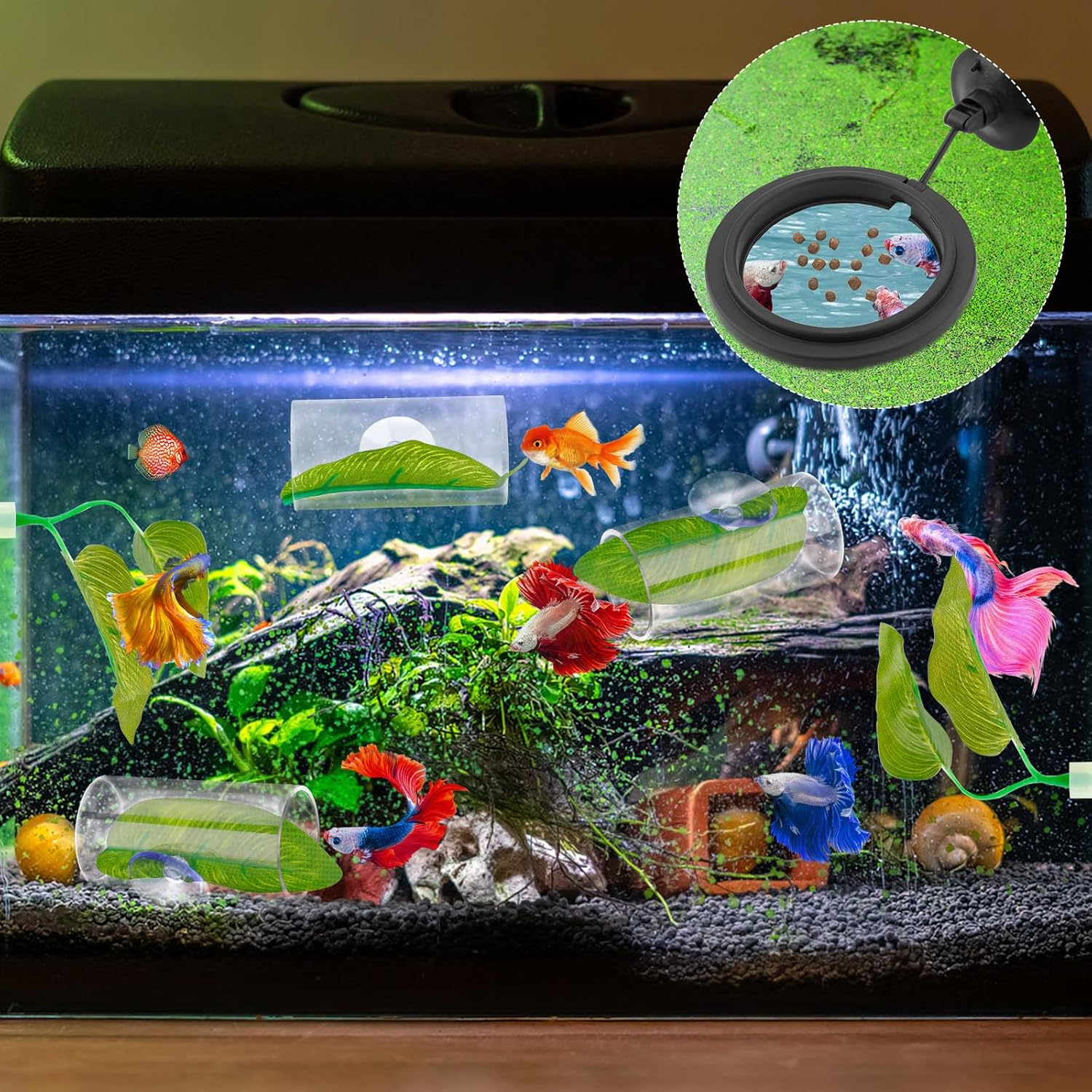 NQEUEPN Betta Fish Tank Accessories, 2Pcs Betta Tunnel & 2Pcs Betta Fish Leaf & round Fish Feeding Ring Fish Toys Betta Fish Natural Habitat Shelter Hideaway Betta Fish Tank Decorations